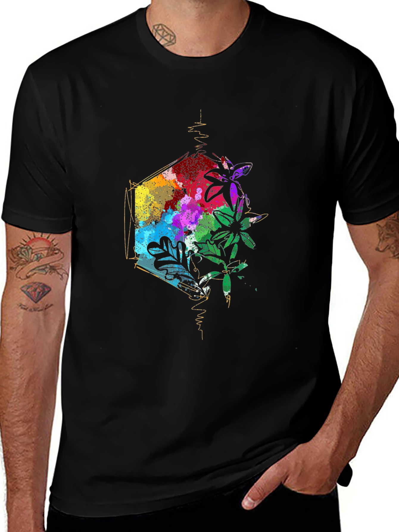 Geometric Floral Mens Black T-Shirt