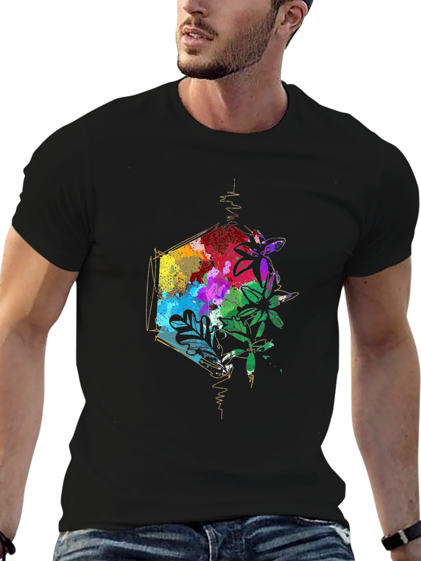 Geometric Floral Mens Black T-Shirt