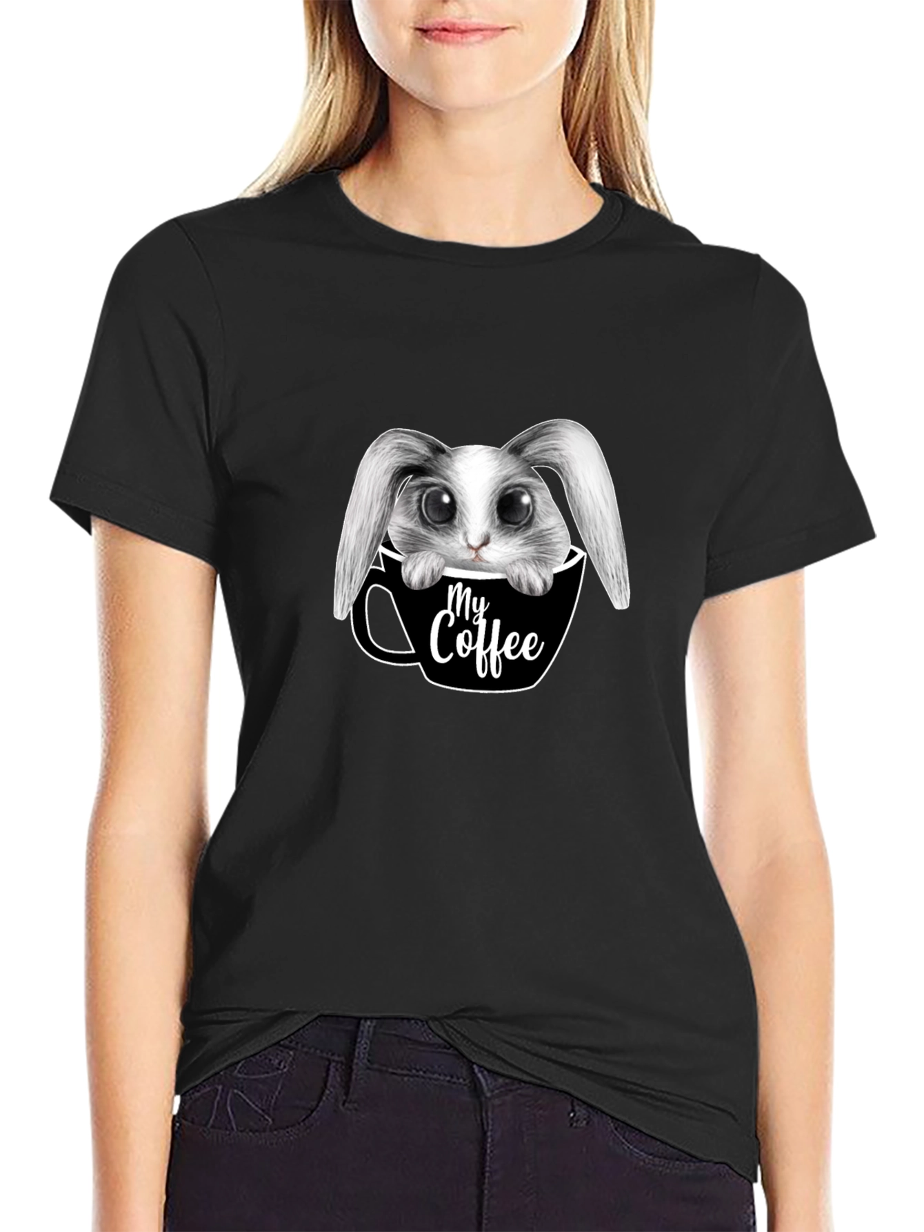 Cute Bunny in Coffee Cup Graphic Tee - Black