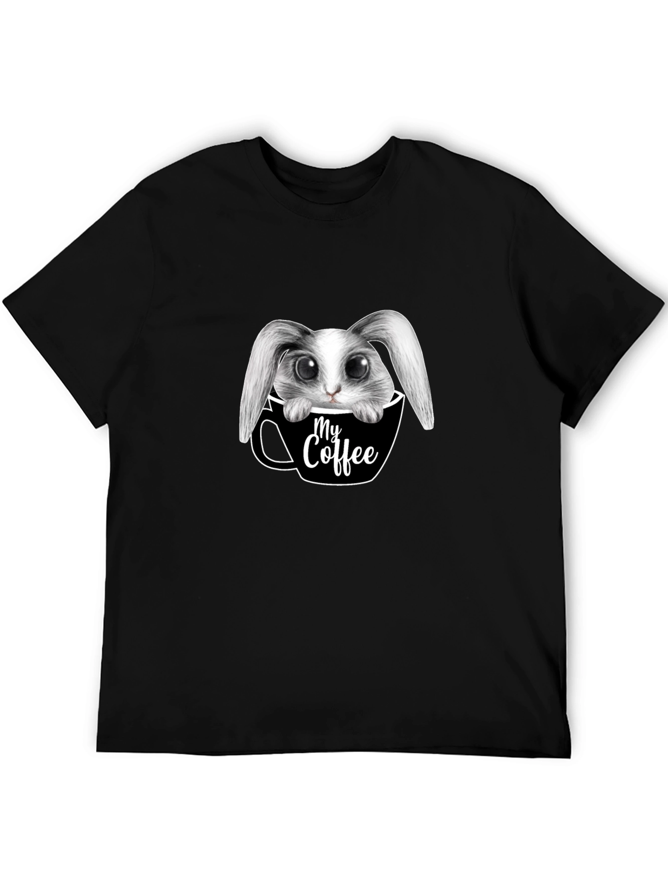 Cute Bunny in Coffee Cup Graphic Tee - Black