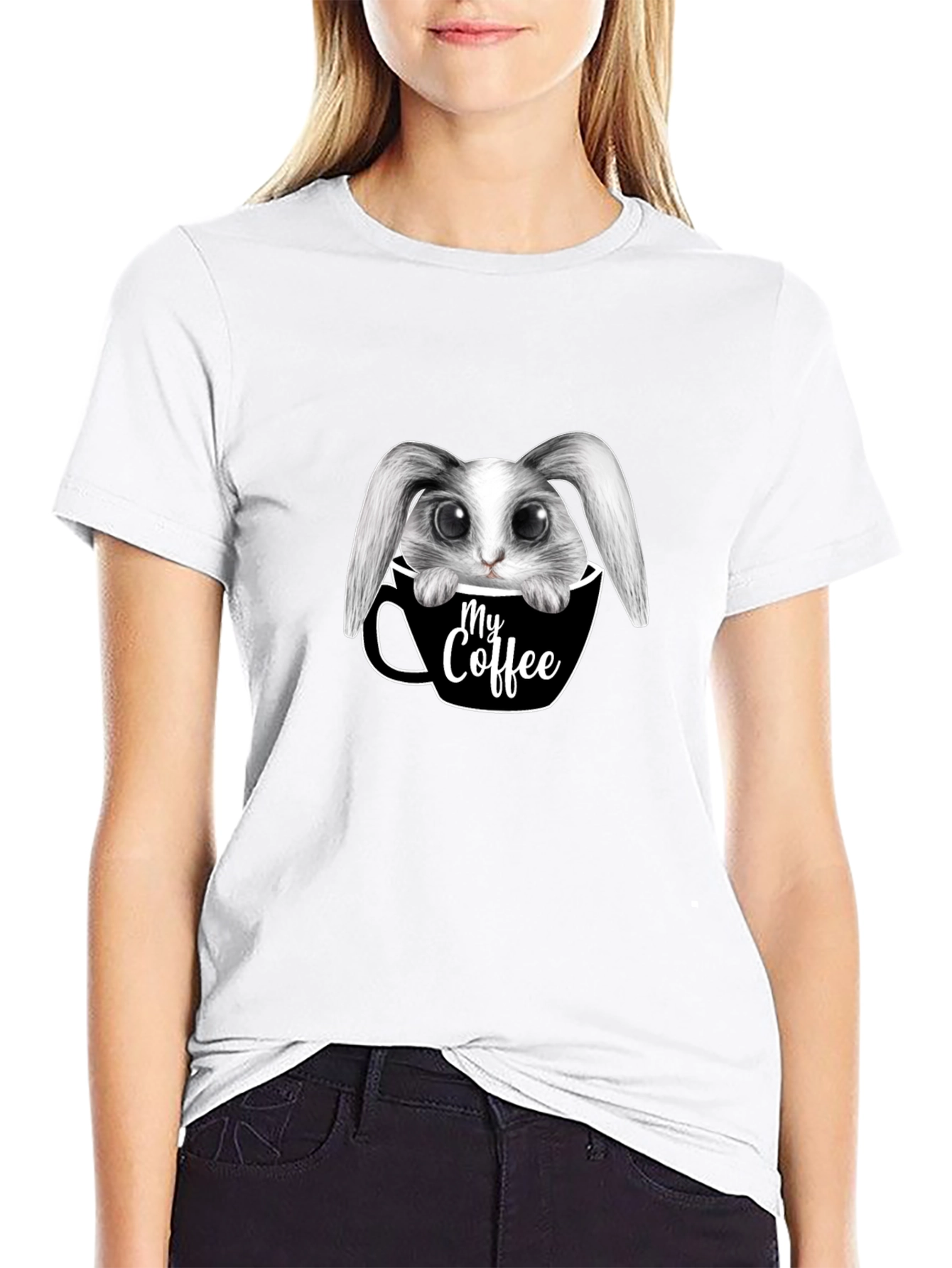 Cute Bunny in Coffee Cup Graphic Tee - Black