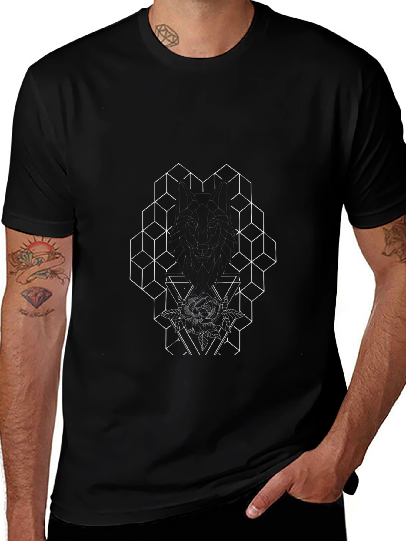 Geometric Rose Graphic Black T-Shirt