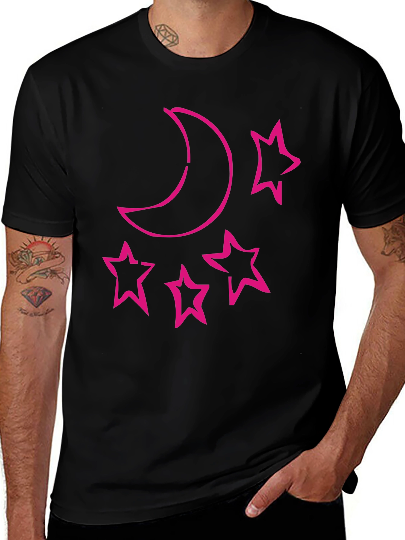 Moon & Stars Graphic Tee - Black Cotton T-Shirt