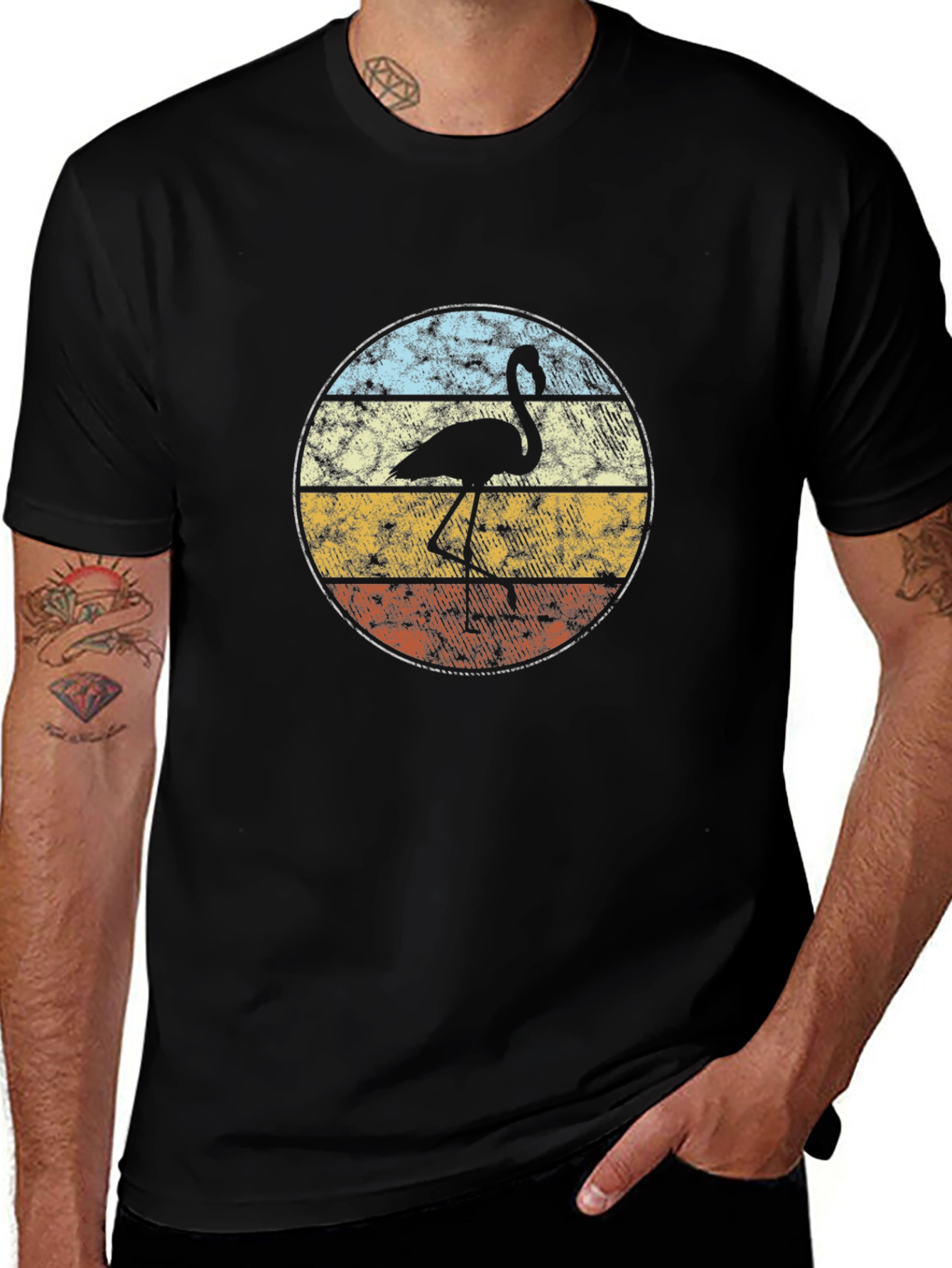 Retro Flamingo Graphic Tee - Black Cotton T-Shirt