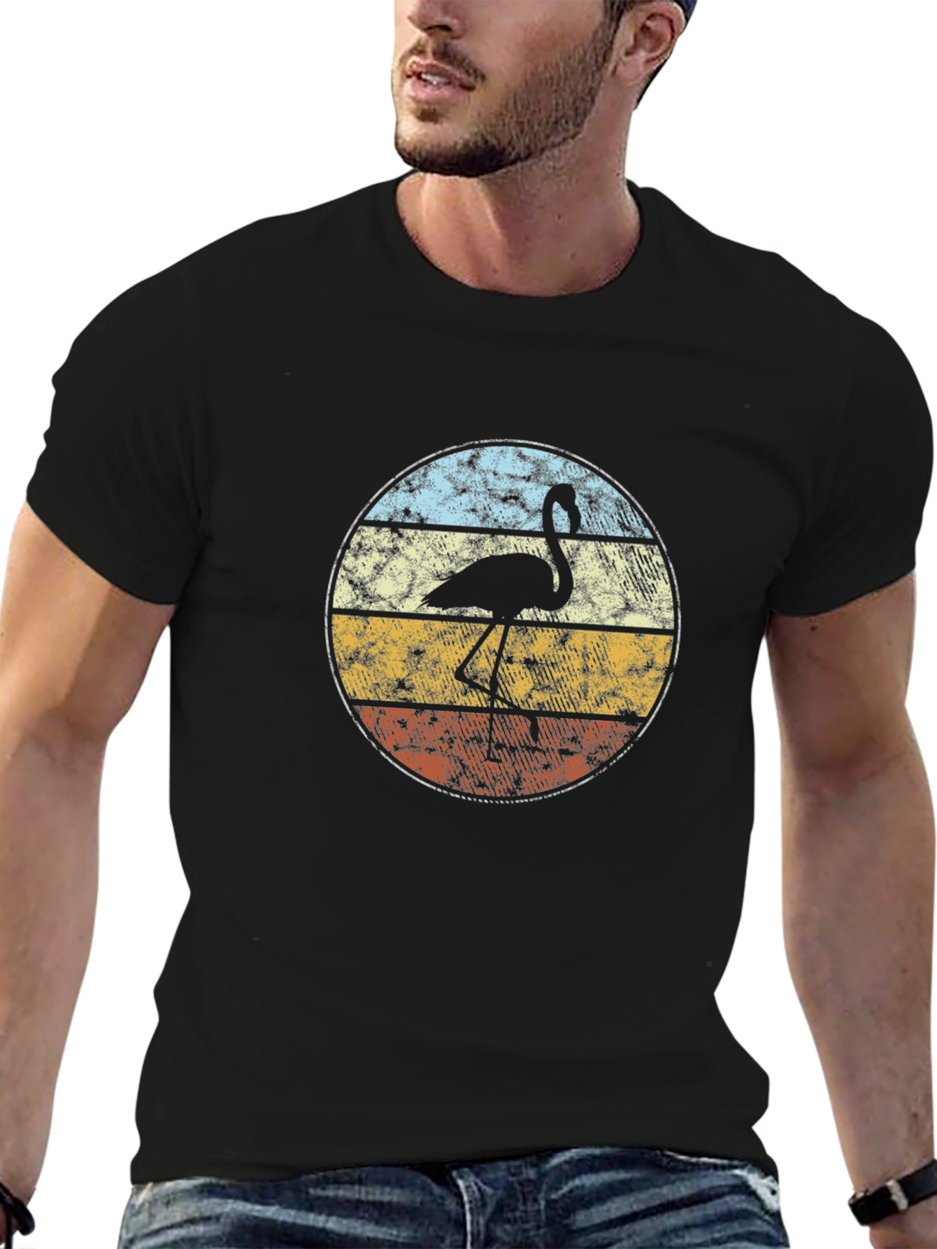Retro Flamingo Graphic Tee - Black Cotton T-Shirt