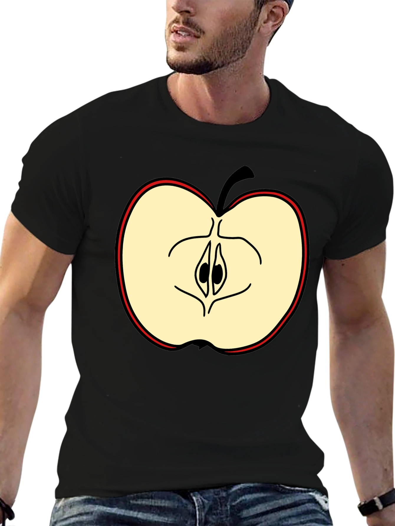 Half Apple Graphic Tee - Casual Black T-Shirt