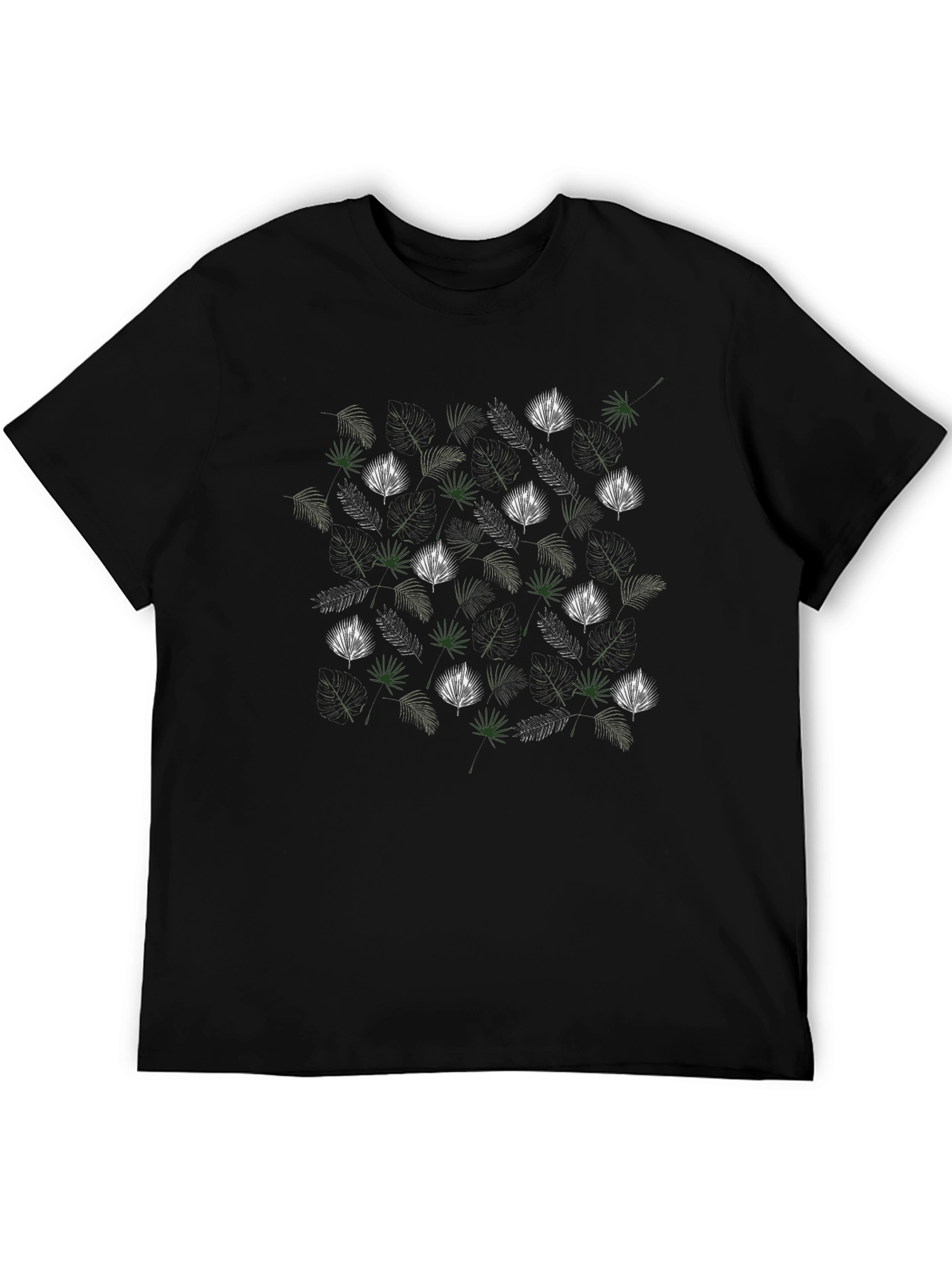 Tropical Leaf Pattern Black T-Shirt
