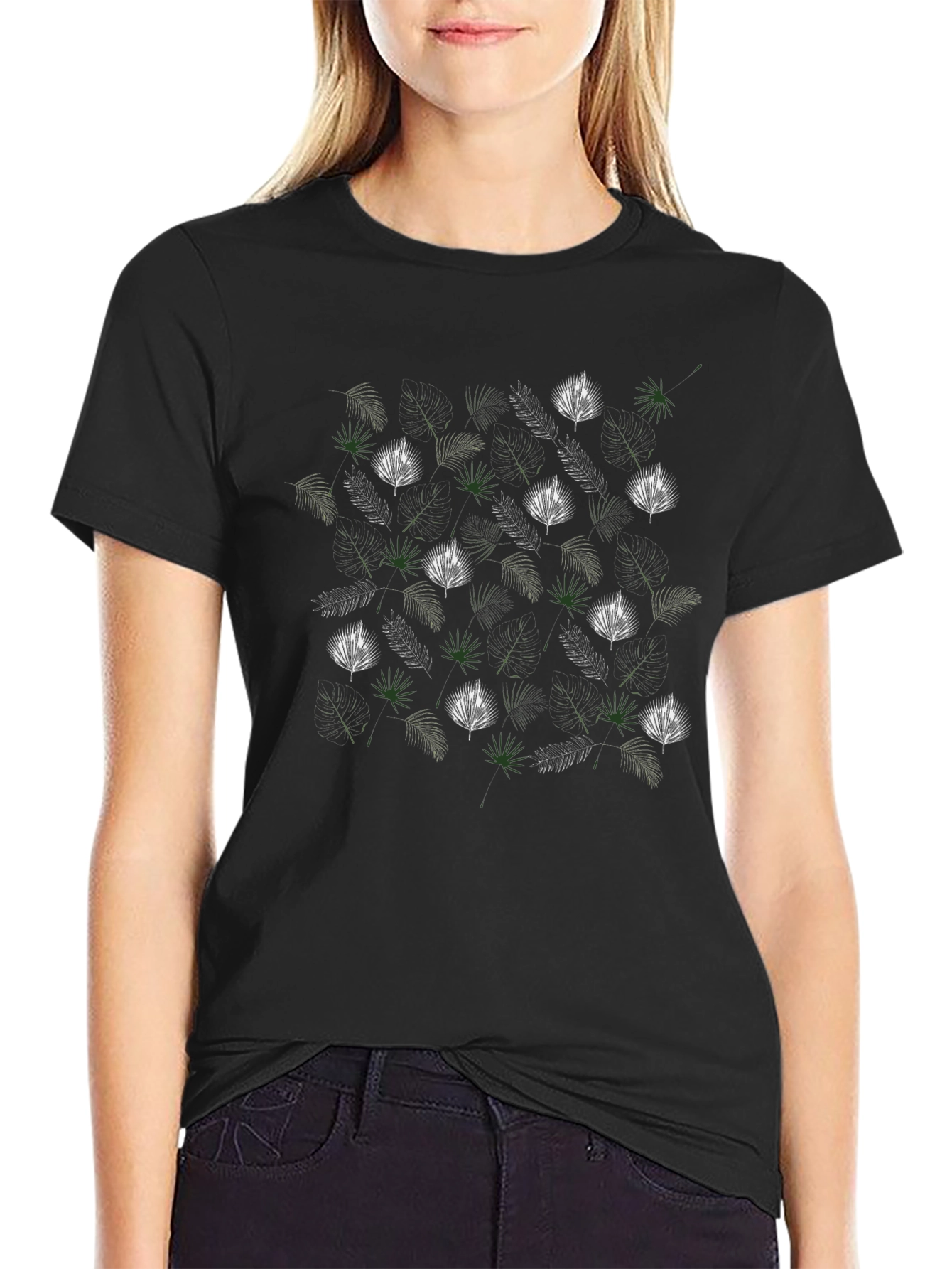 Tropical Leaf Pattern Black T-Shirt