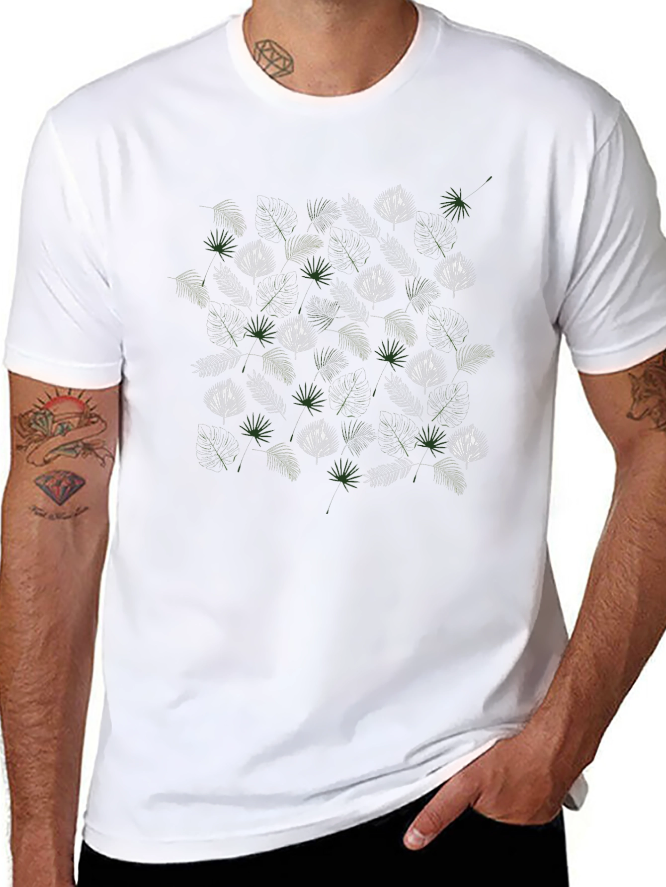 Tropical Leaf Pattern Black T-Shirt