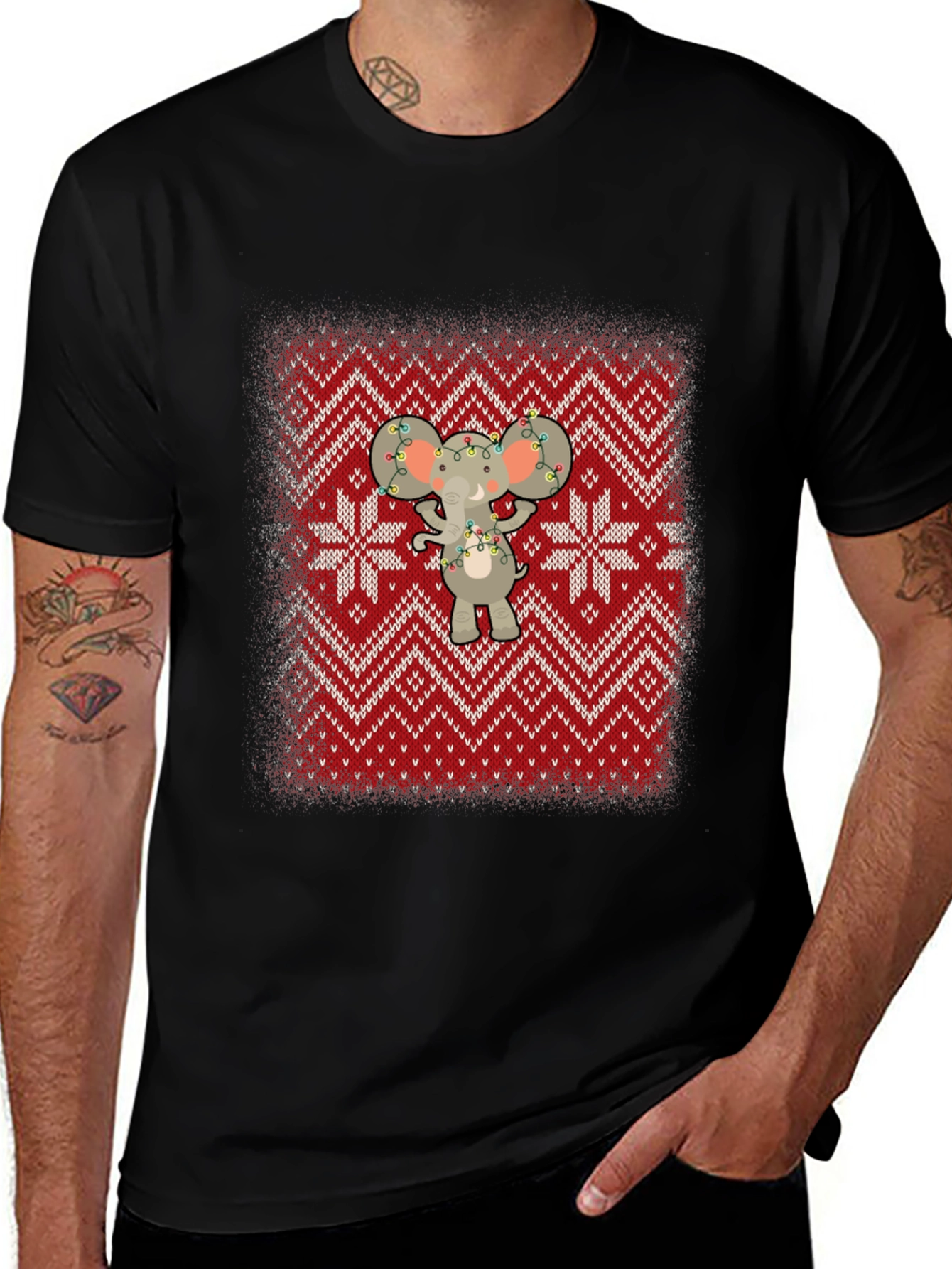 Festive Elephant Knit Pattern Holiday T-Shirt