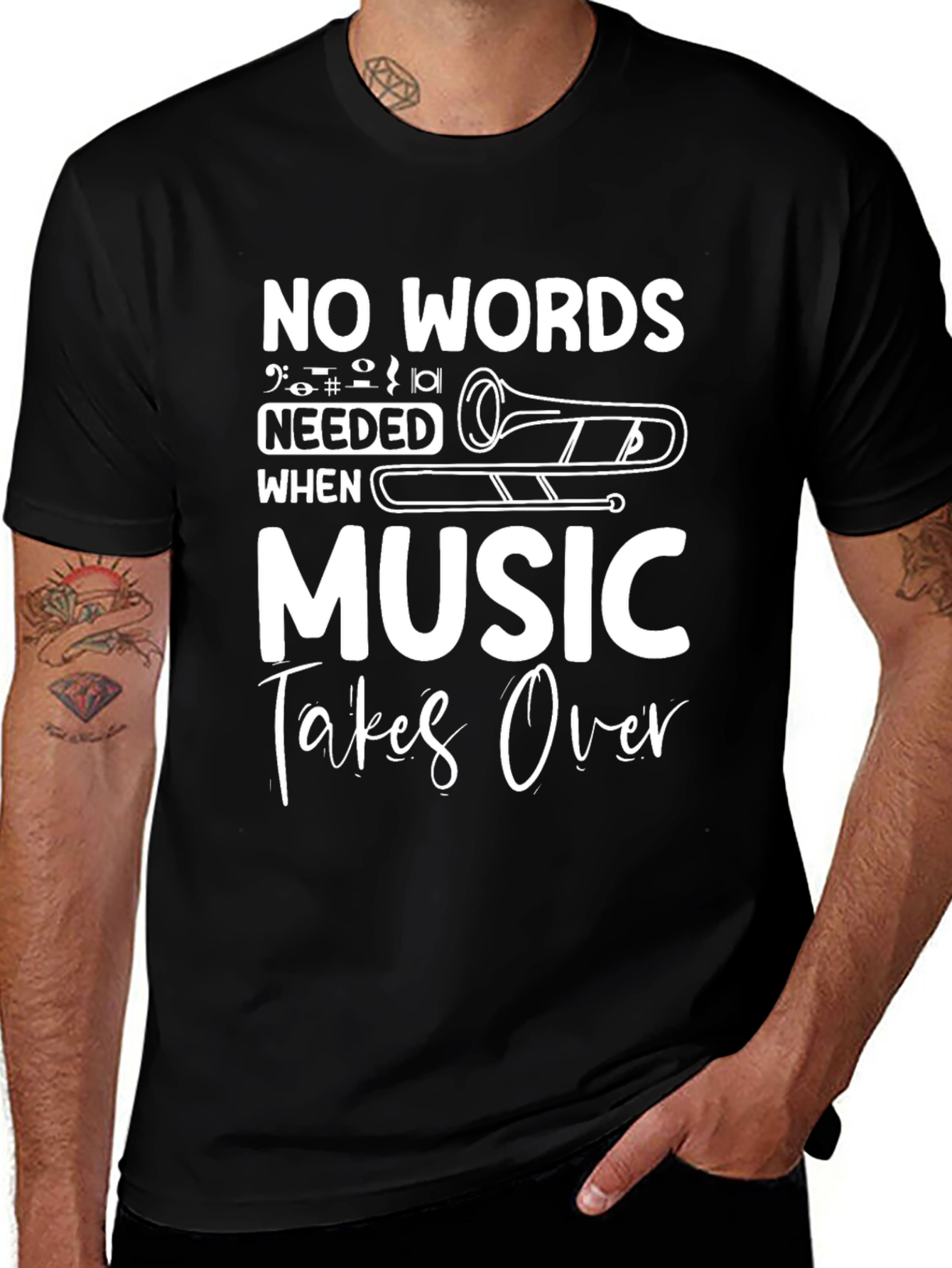 Music Takes Over Graphic Tee - Trombone Black Shirt