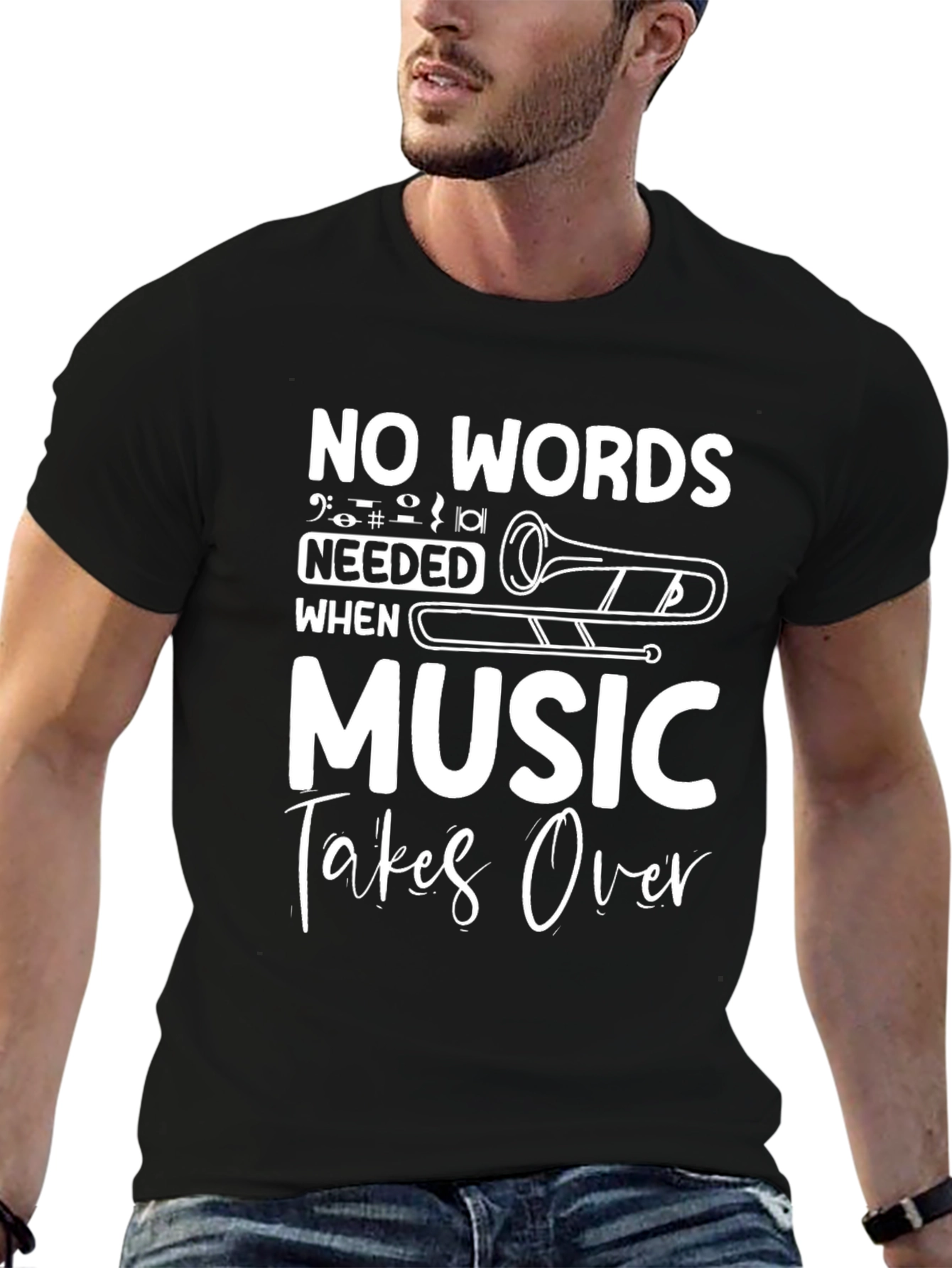 Music Takes Over Graphic Tee - Trombone Black Shirt
