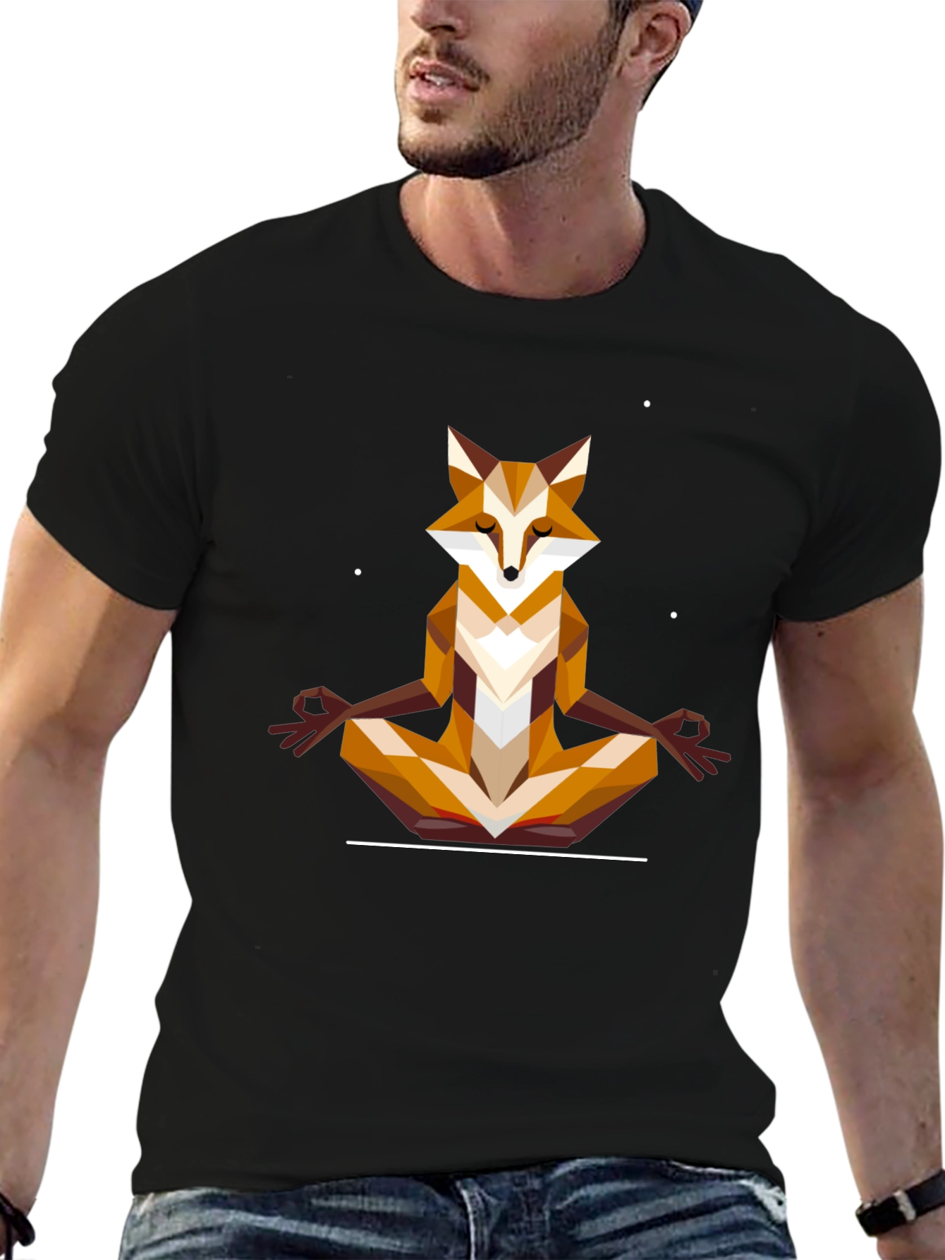 Geometric Fox Meditating Graphic Tee - Black T-Shirt