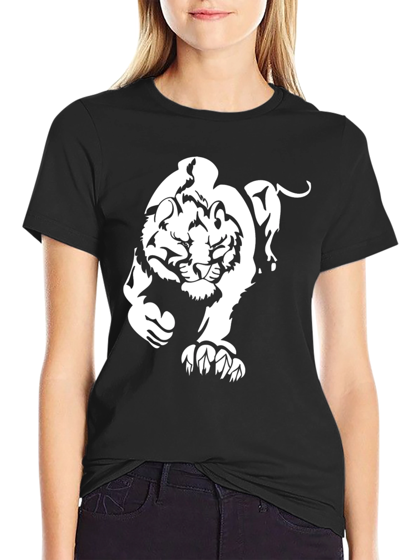 Black T-Shirt with Bold White Tiger Graphic