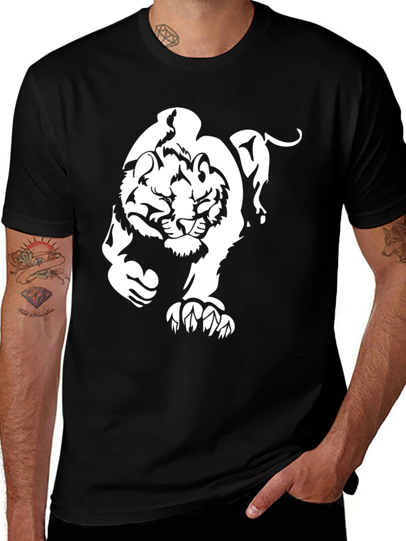 Black T-Shirt with Bold White Tiger Graphic