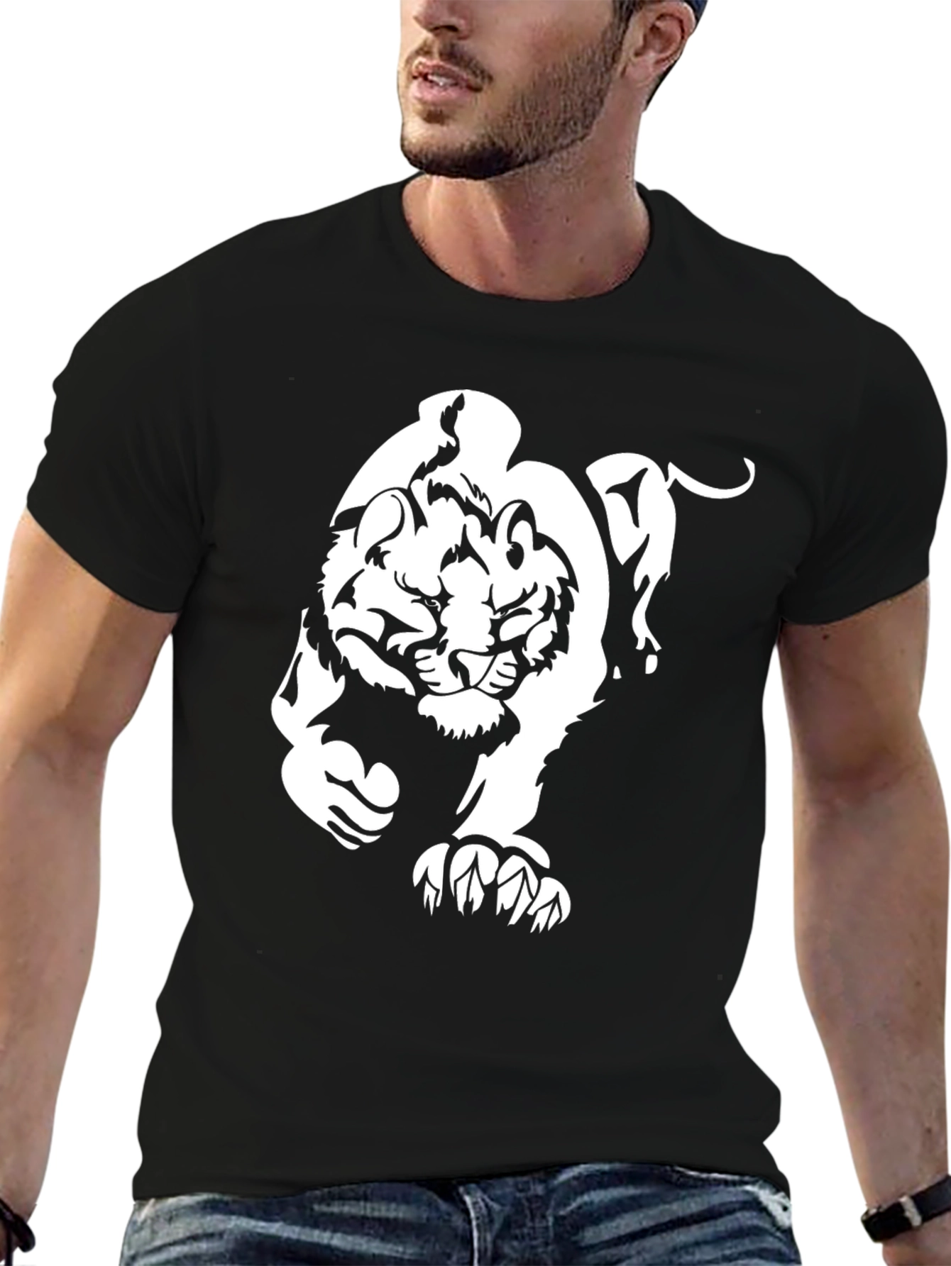 Black T-Shirt with Bold White Tiger Graphic