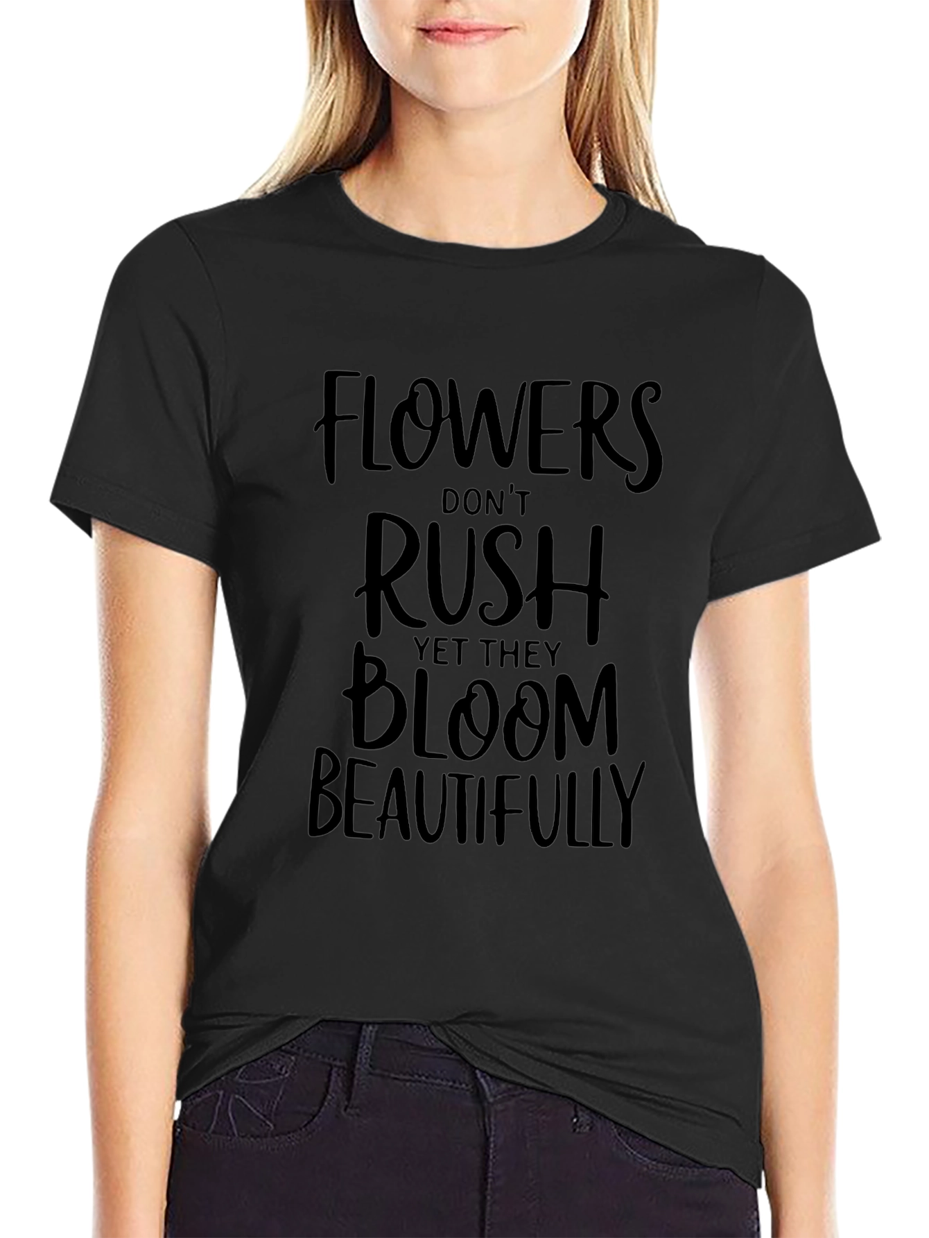 Flowers Bloom Beautifully Black Graphic T-Shirt