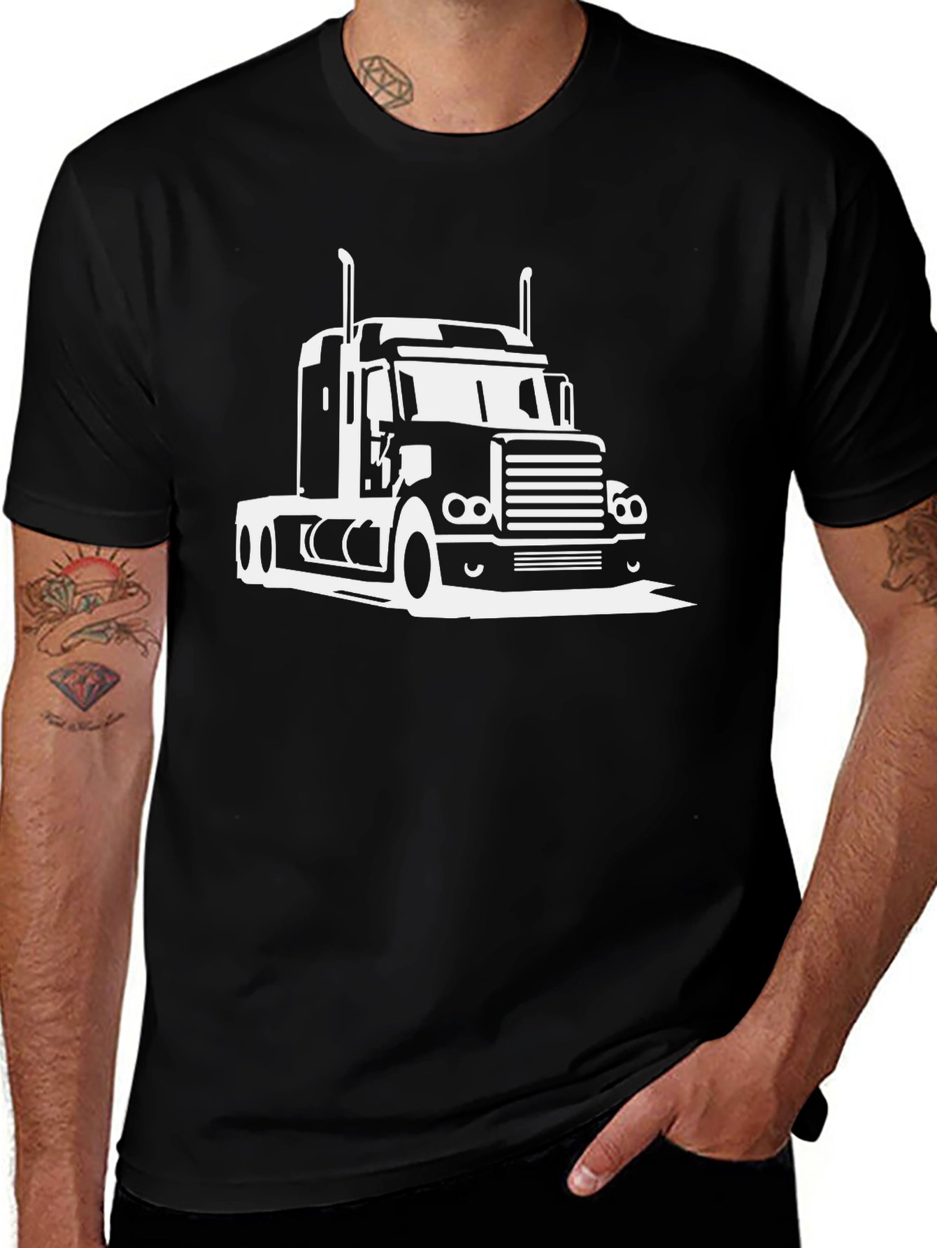 Trucker Tee: Black T-Shirt with White Truck Graphic