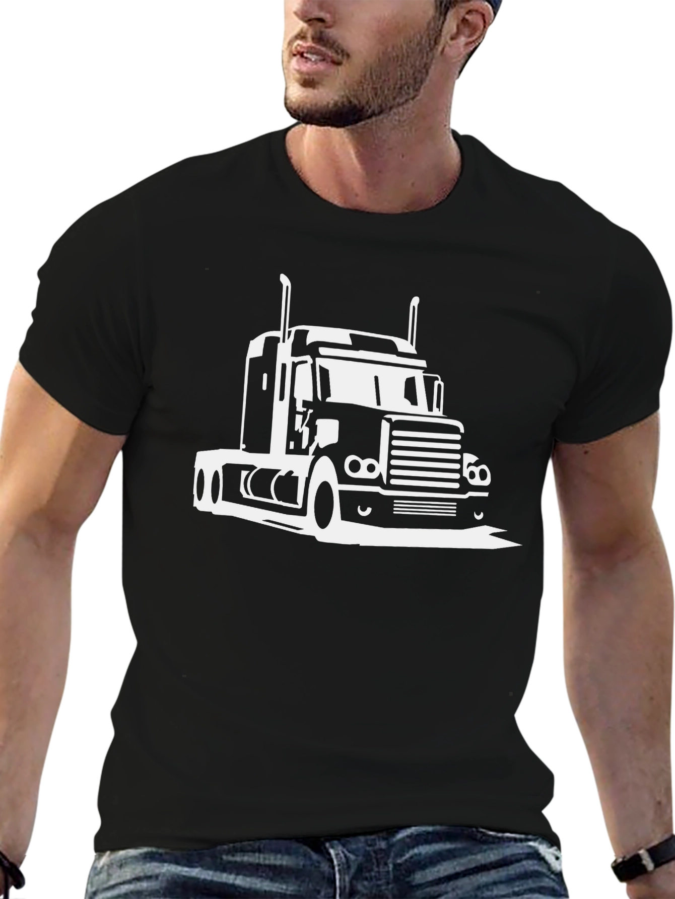 Trucker Tee: Black T-Shirt with White Truck Graphic