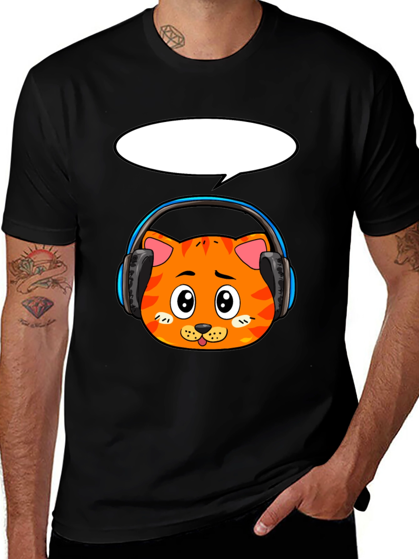 Cartoon Cat in Headphones Graphic Tee