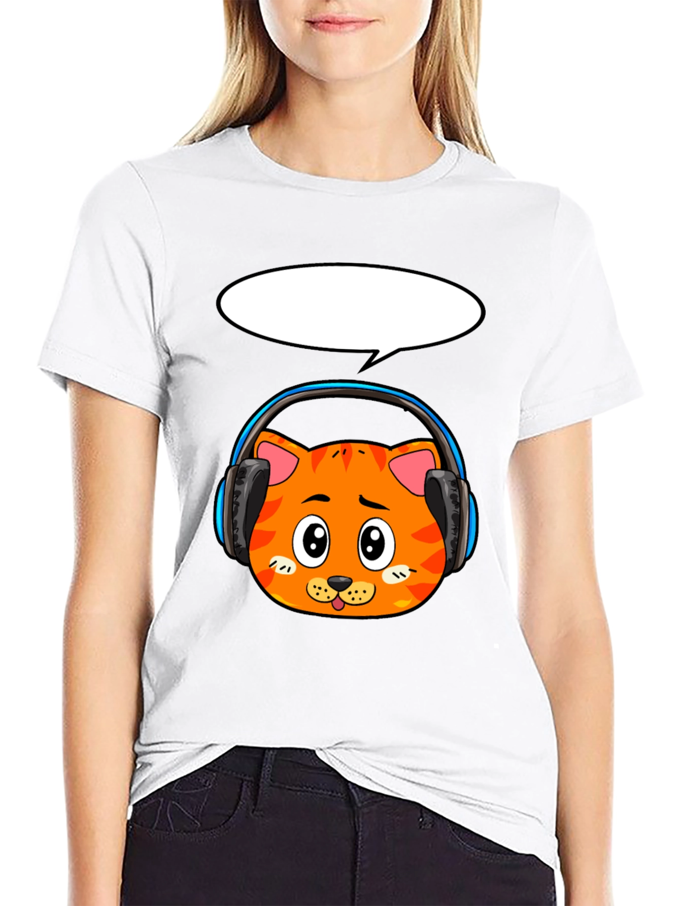 Cartoon Cat in Headphones Graphic Tee