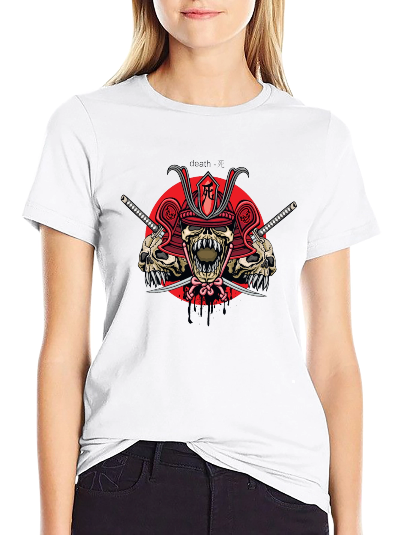 Samurai Skull Graphic Print Black T-Shirt