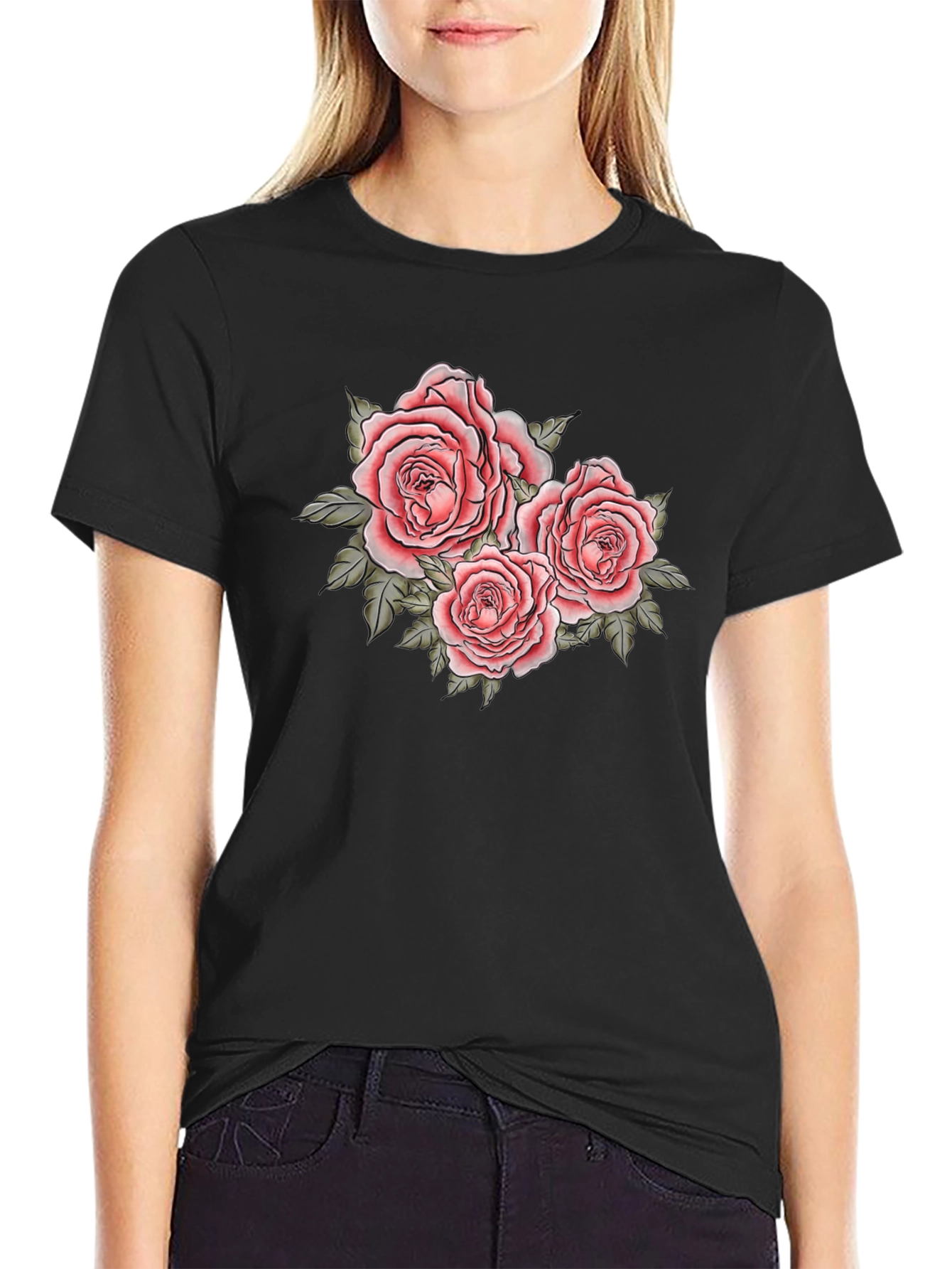 Floral Roses Graphic Black T-Shirt