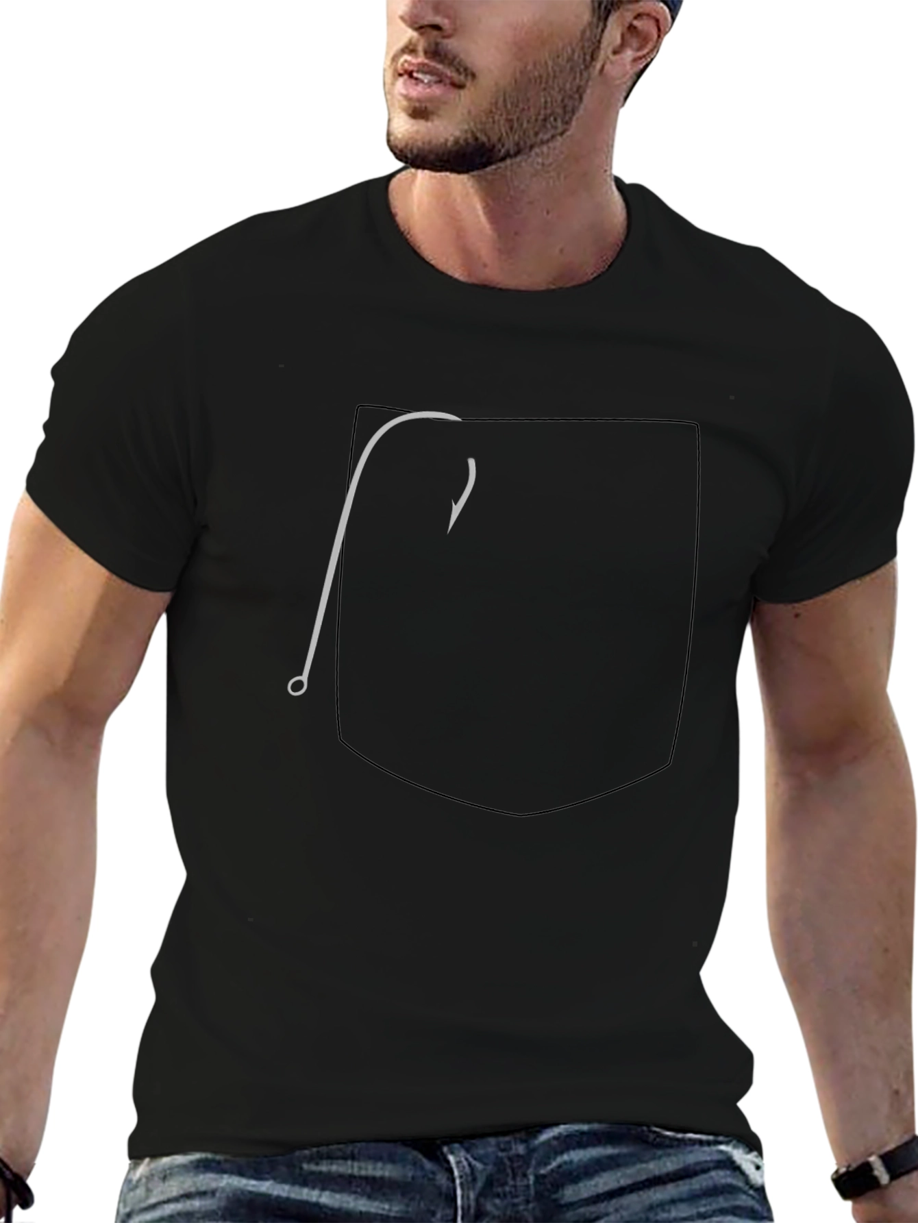 Fishing Hook Pocket Graphic Tee - Classic Black Cotton