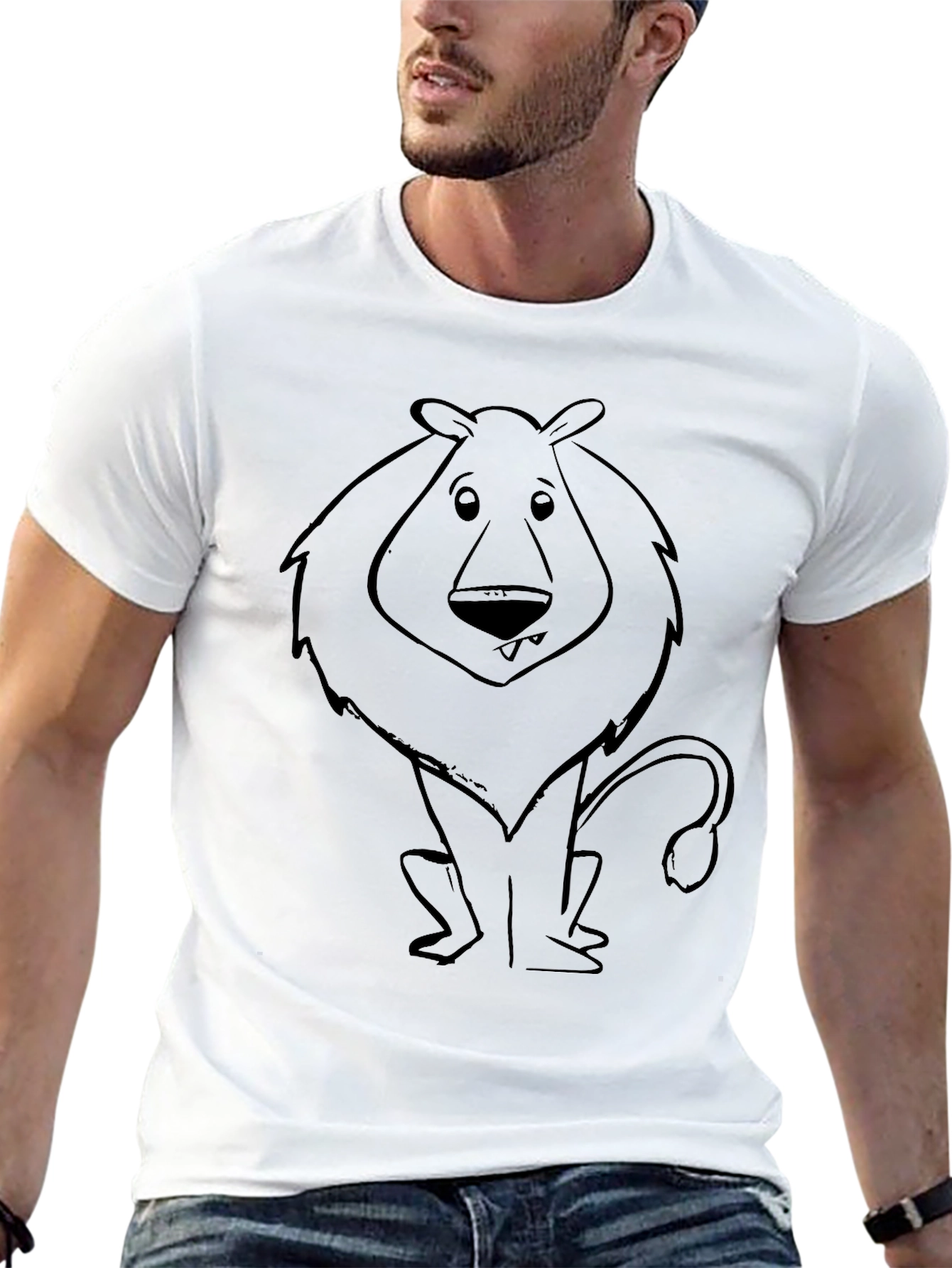Cartoon Lion Graphic Tee - Black Cotton Blend