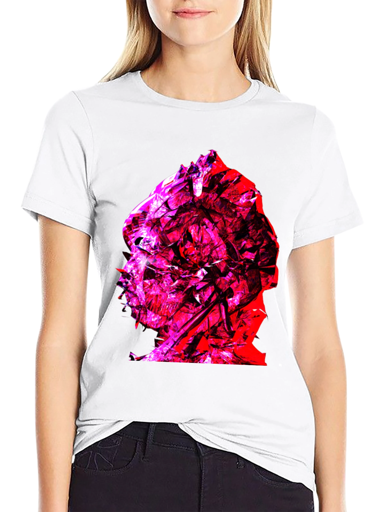 Abstract Red & Pink Face Graphic Black T-Shirt