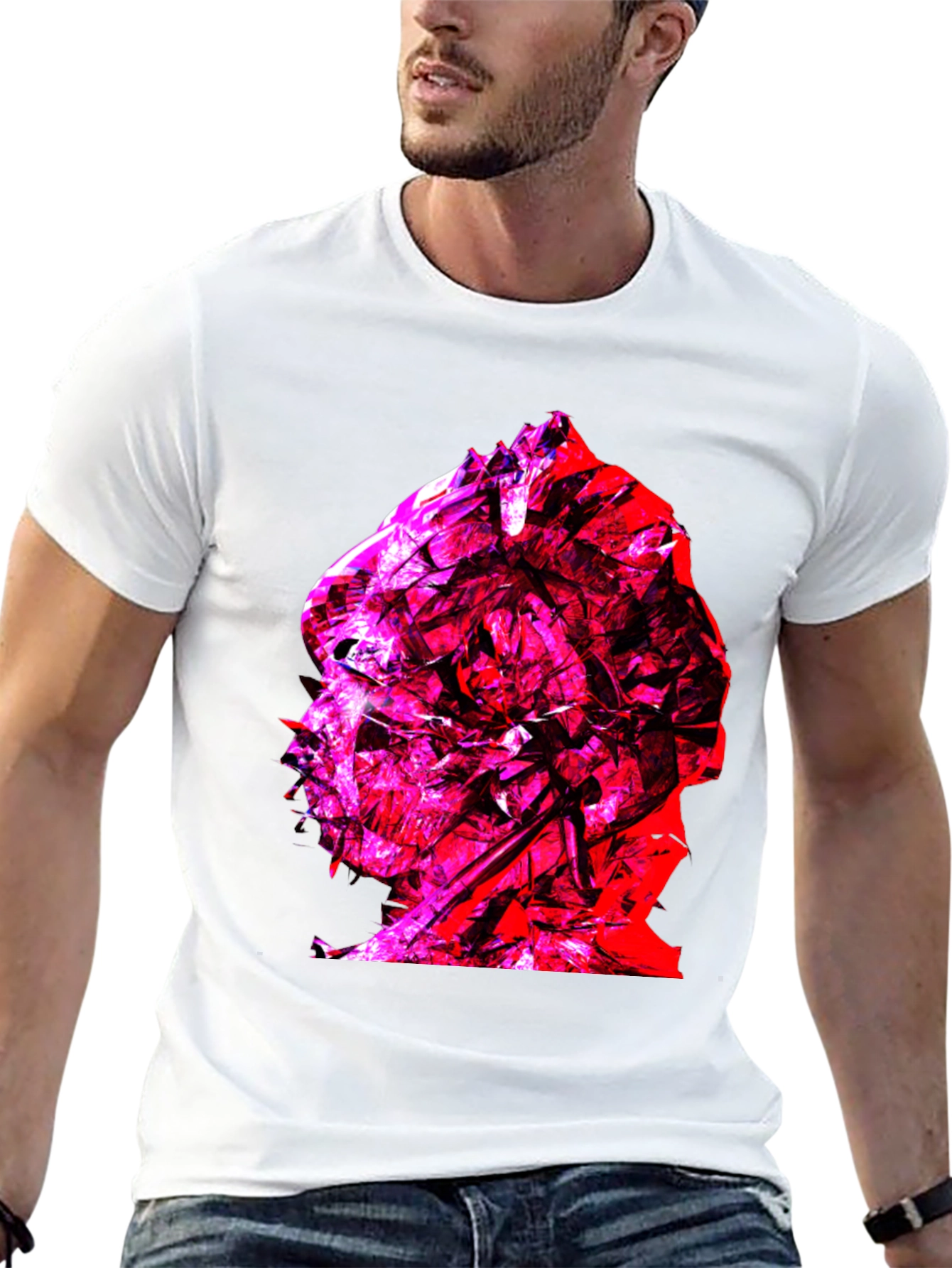 Abstract Red & Pink Face Graphic Black T-Shirt
