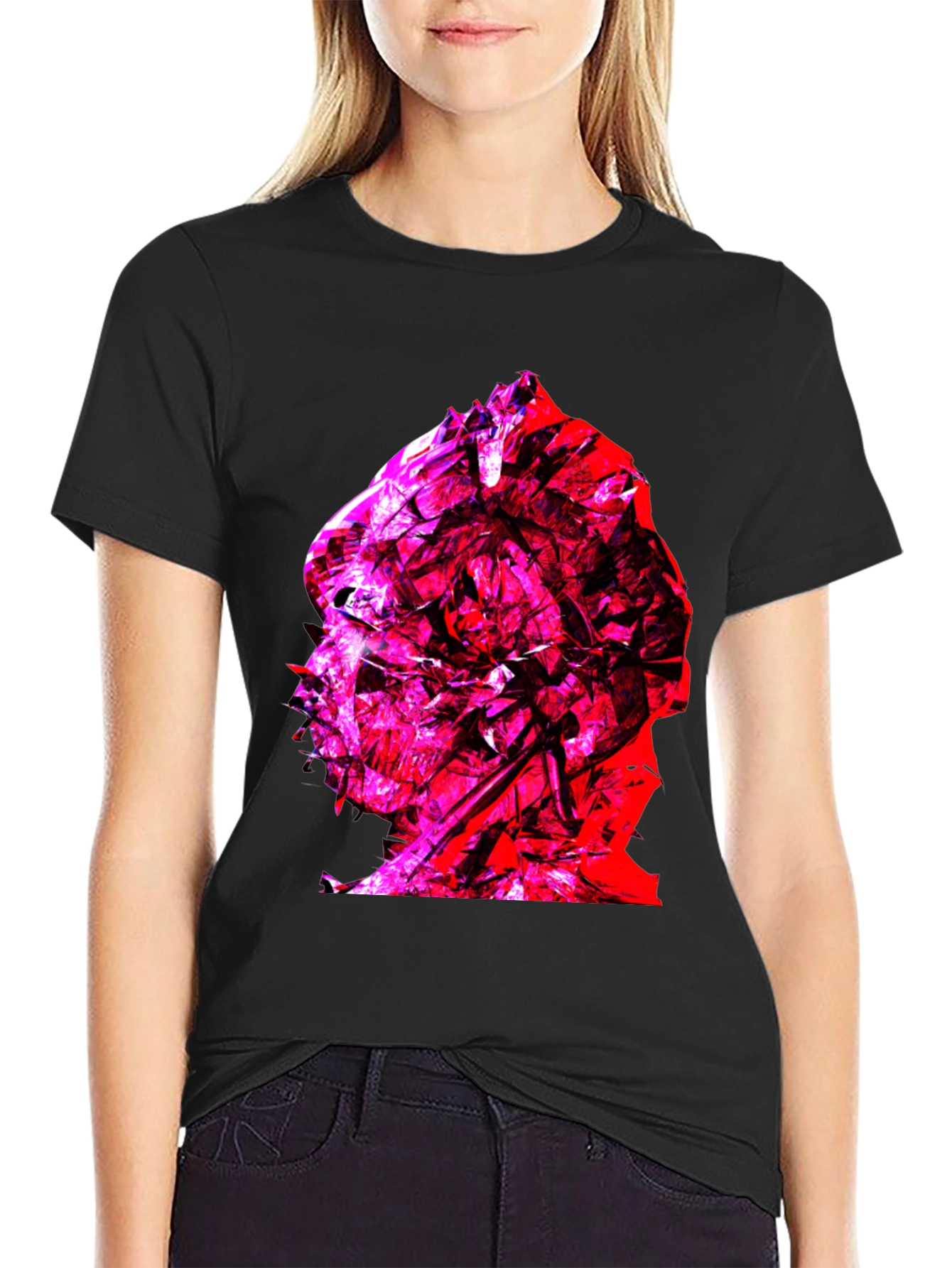 Abstract Red & Pink Face Graphic Black T-Shirt