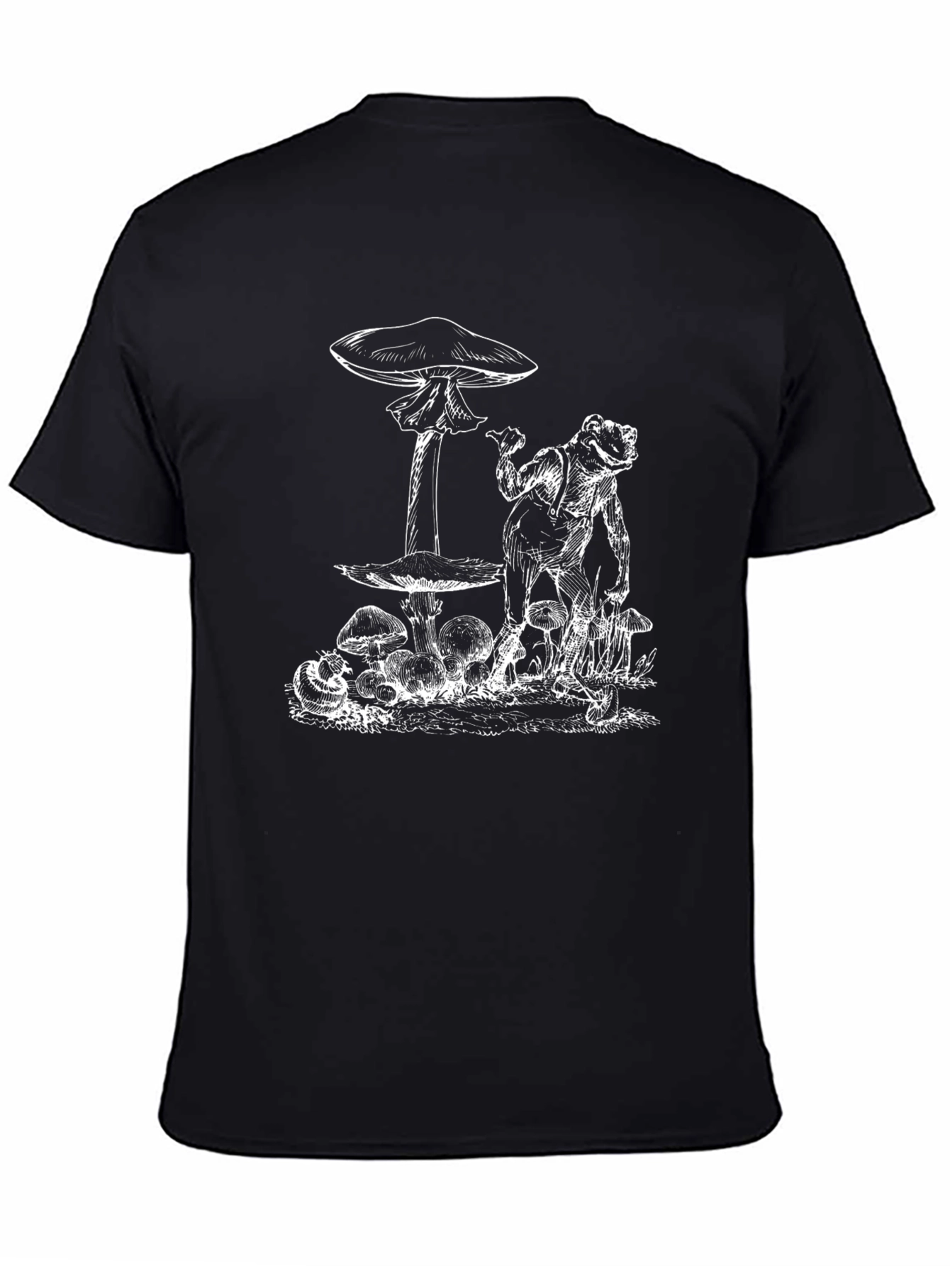 Frog & Mushroom Graphic Tee - Black Cotton T-Shirt