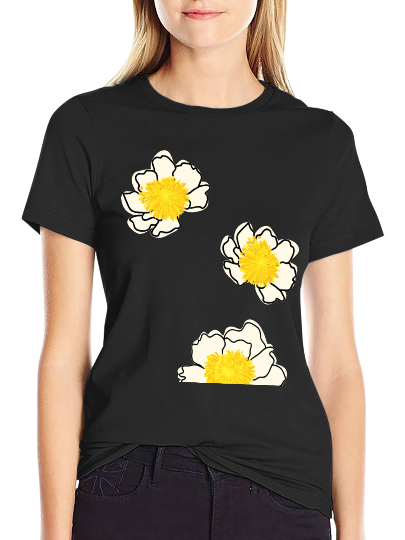 Floral Print T-Shirt - Black Casual Tee