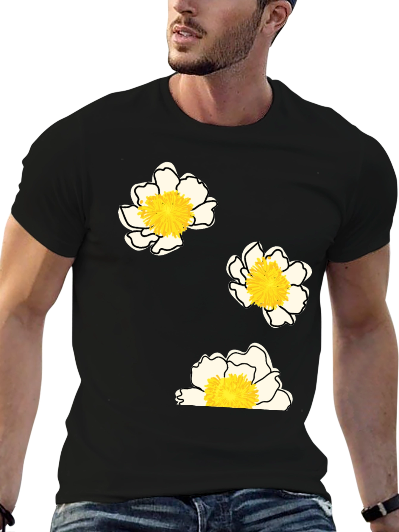 Floral Print T-Shirt - Black Casual Tee