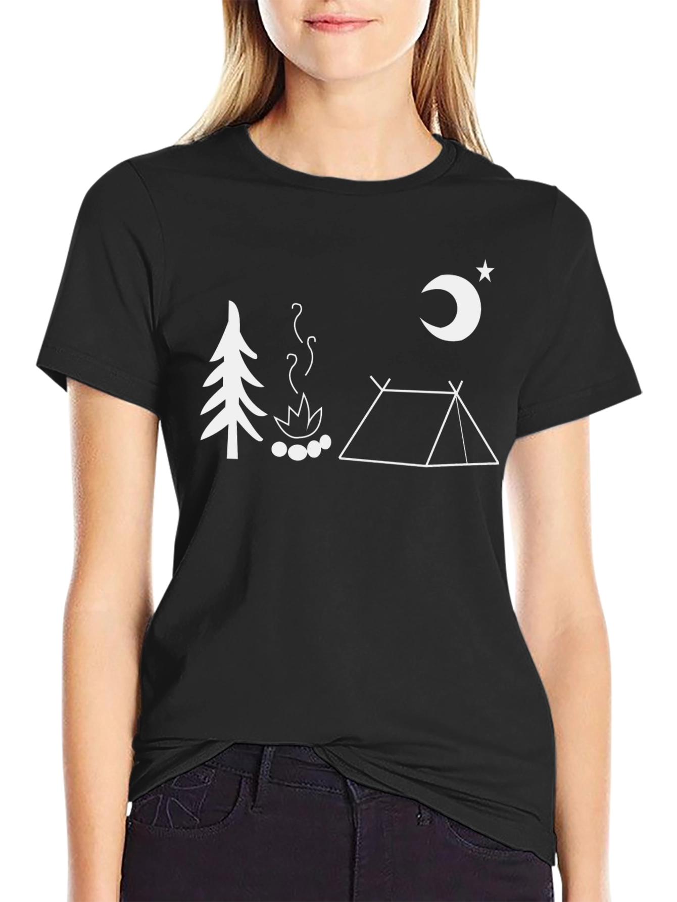 Camping Scene Graphic T-Shirt - Black