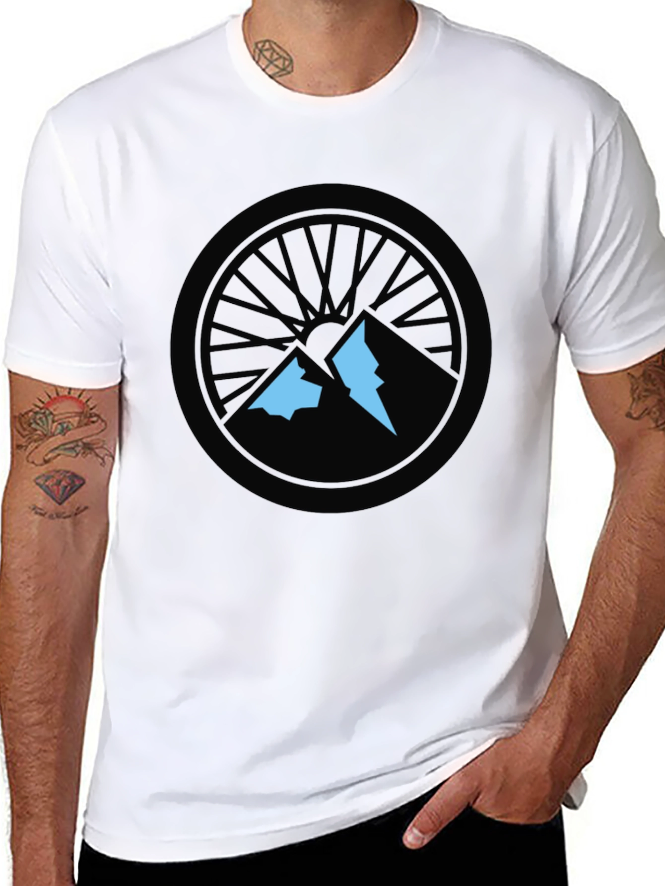 Mountain Biking T-Shirt - Wheel and Peaks Design