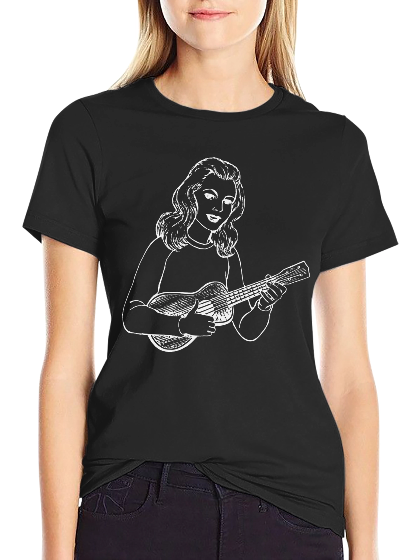 Ukulele Girl Graphic Tee - Black Cotton Casual Shirt