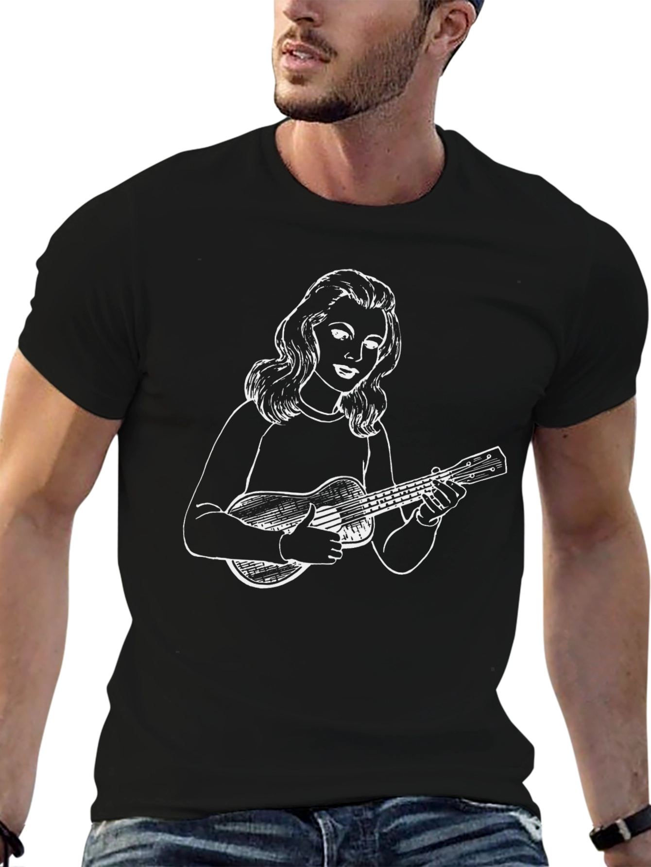 Ukulele Girl Graphic Tee - Black Cotton Casual Shirt