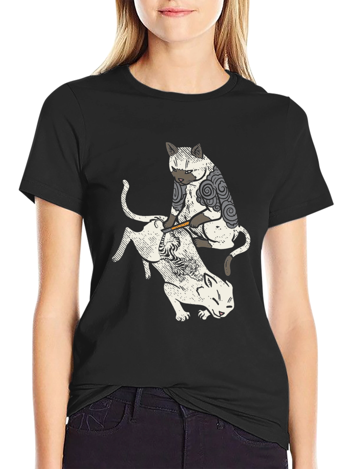 Tattoo Cat Graphic Black T-Shirt