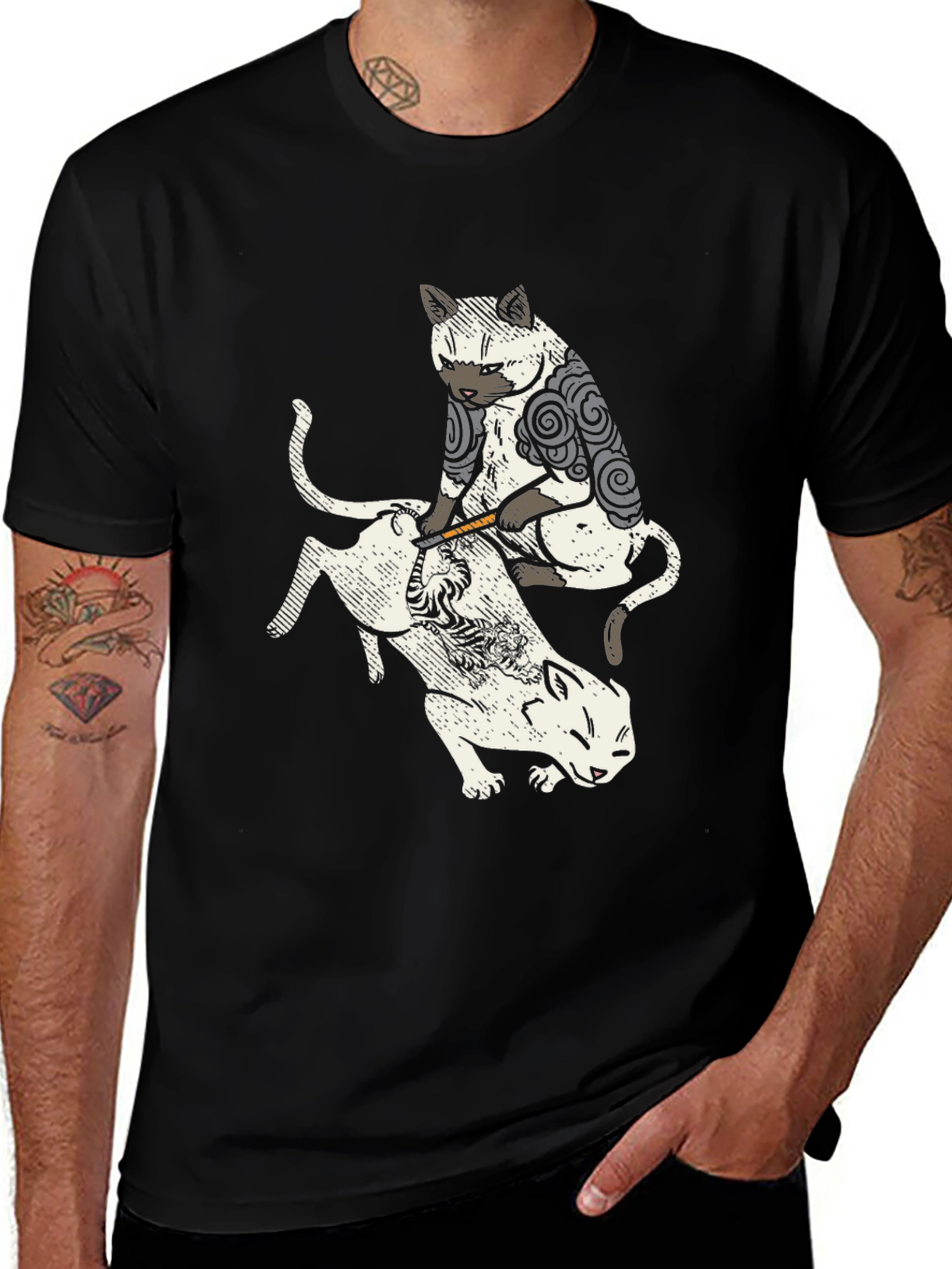 Tattoo Cat Graphic Black T-Shirt