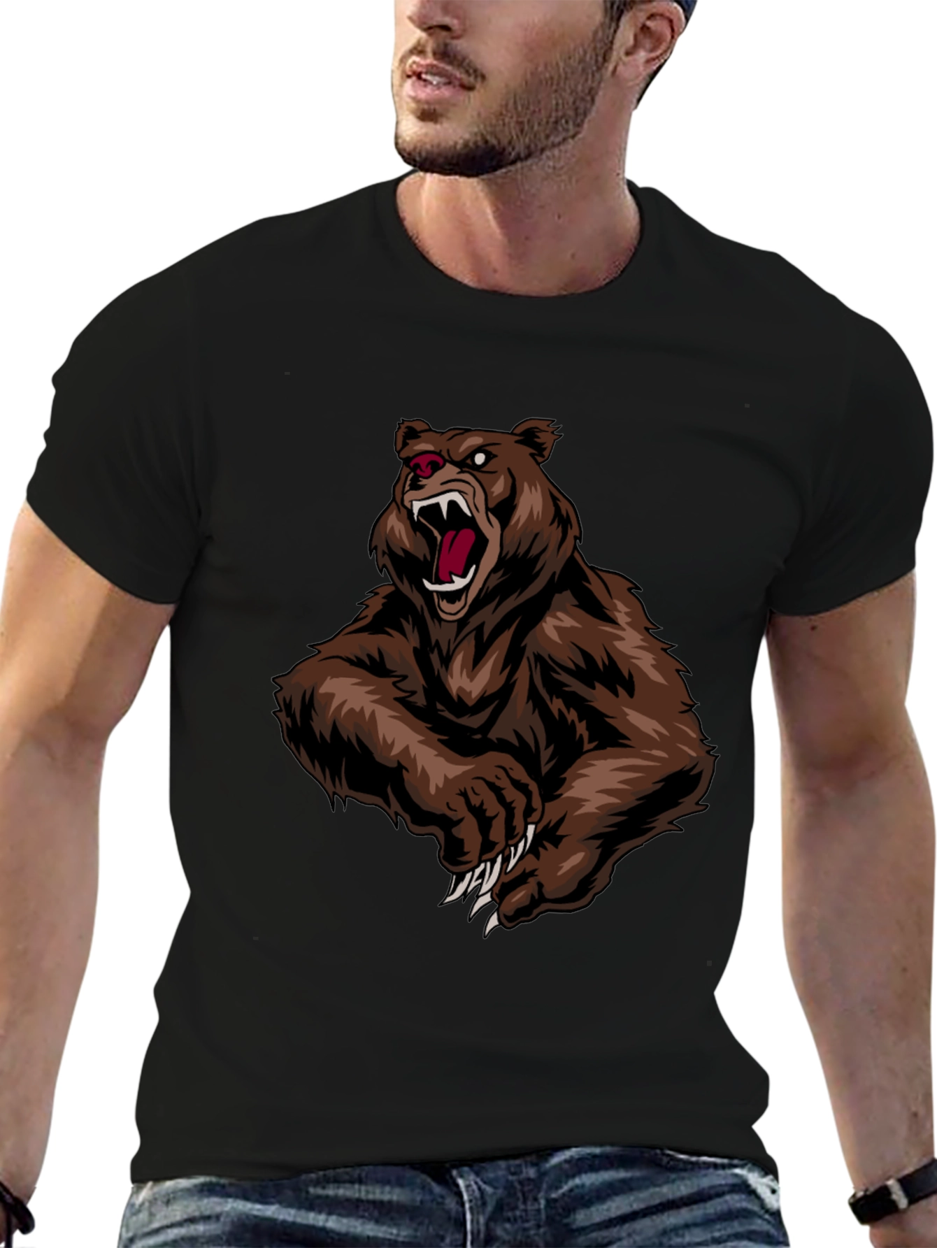 Mens Black T-Shirt with Roaring Bear Graphic