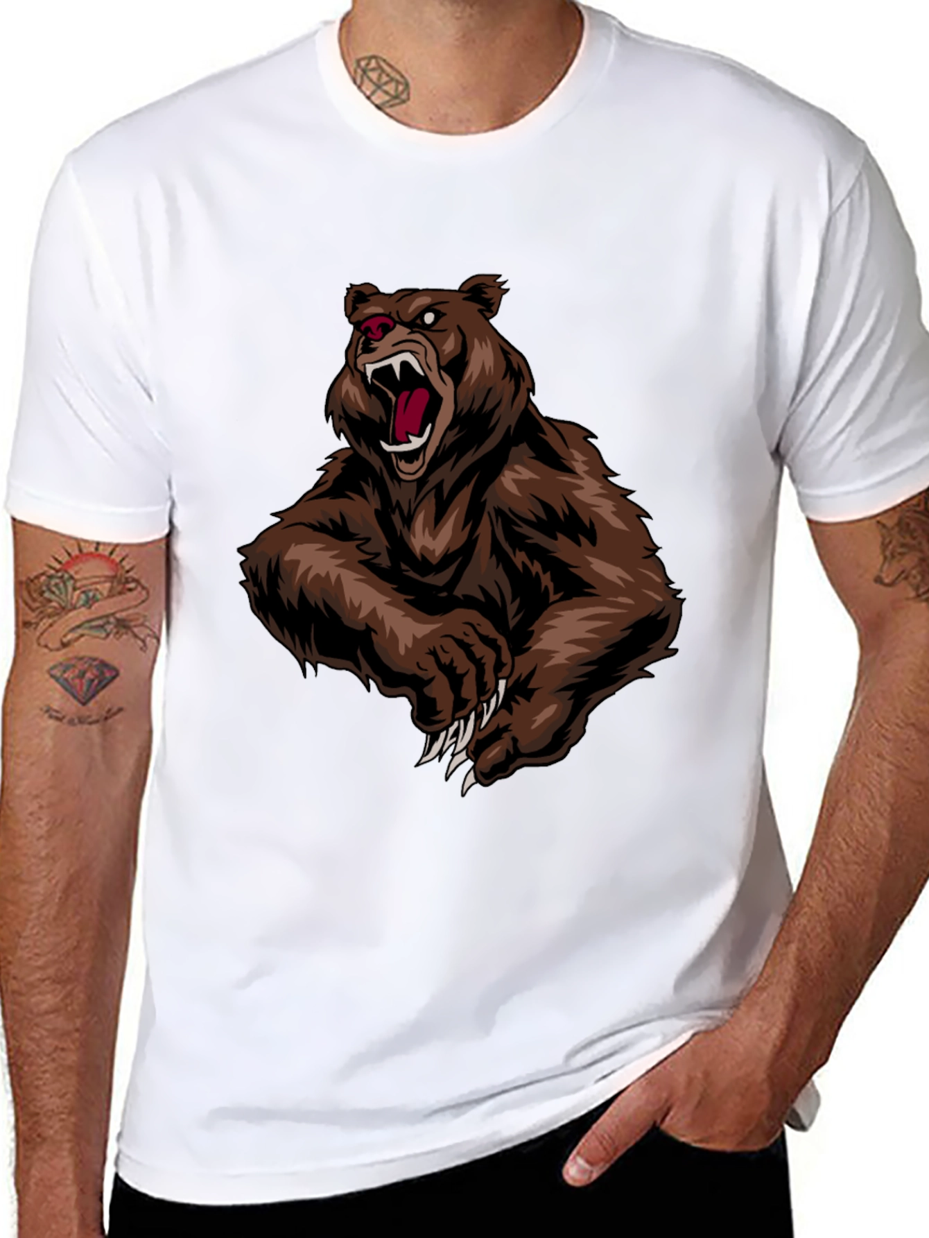 Mens Black T-Shirt with Roaring Bear Graphic