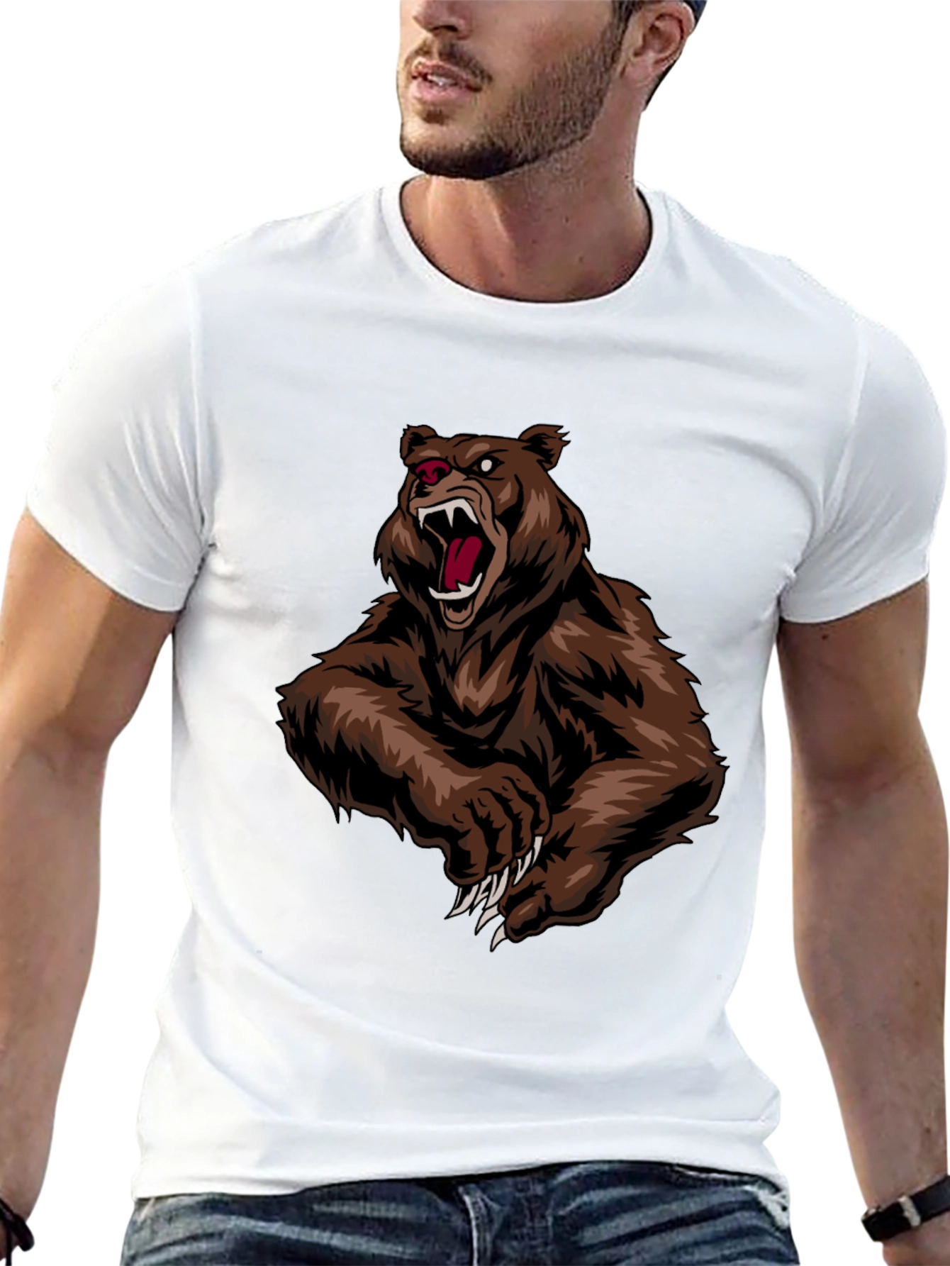 Mens Black T-Shirt with Roaring Bear Graphic