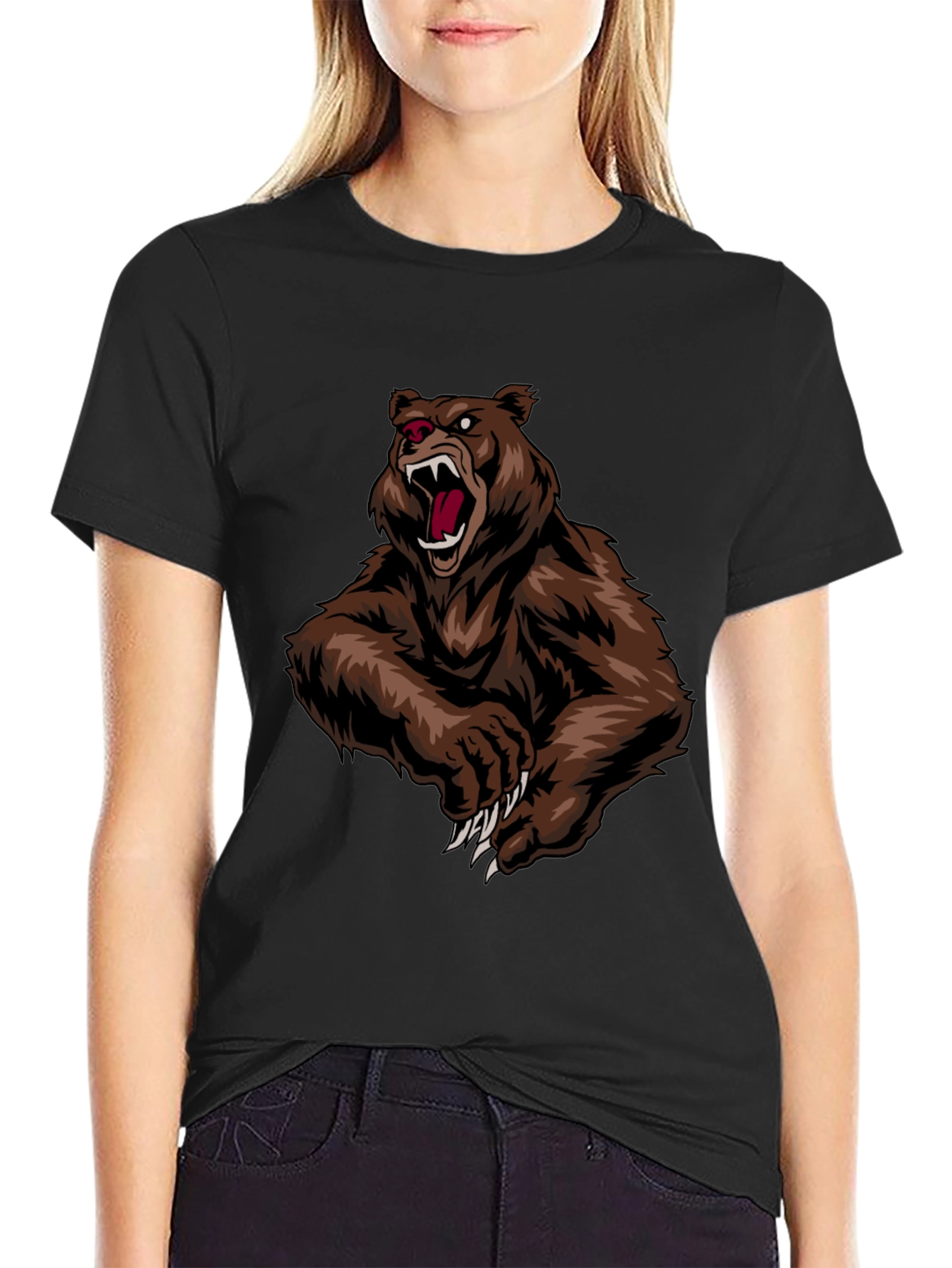 Mens Black T-Shirt with Roaring Bear Graphic