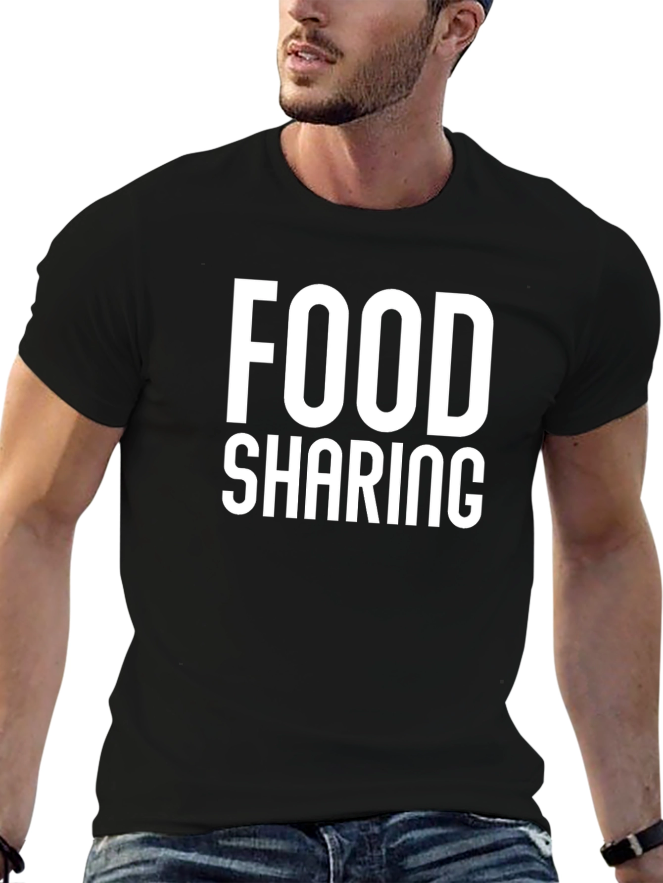 Food Sharing Graphic Tee - Black Cotton Casual T-Shirt