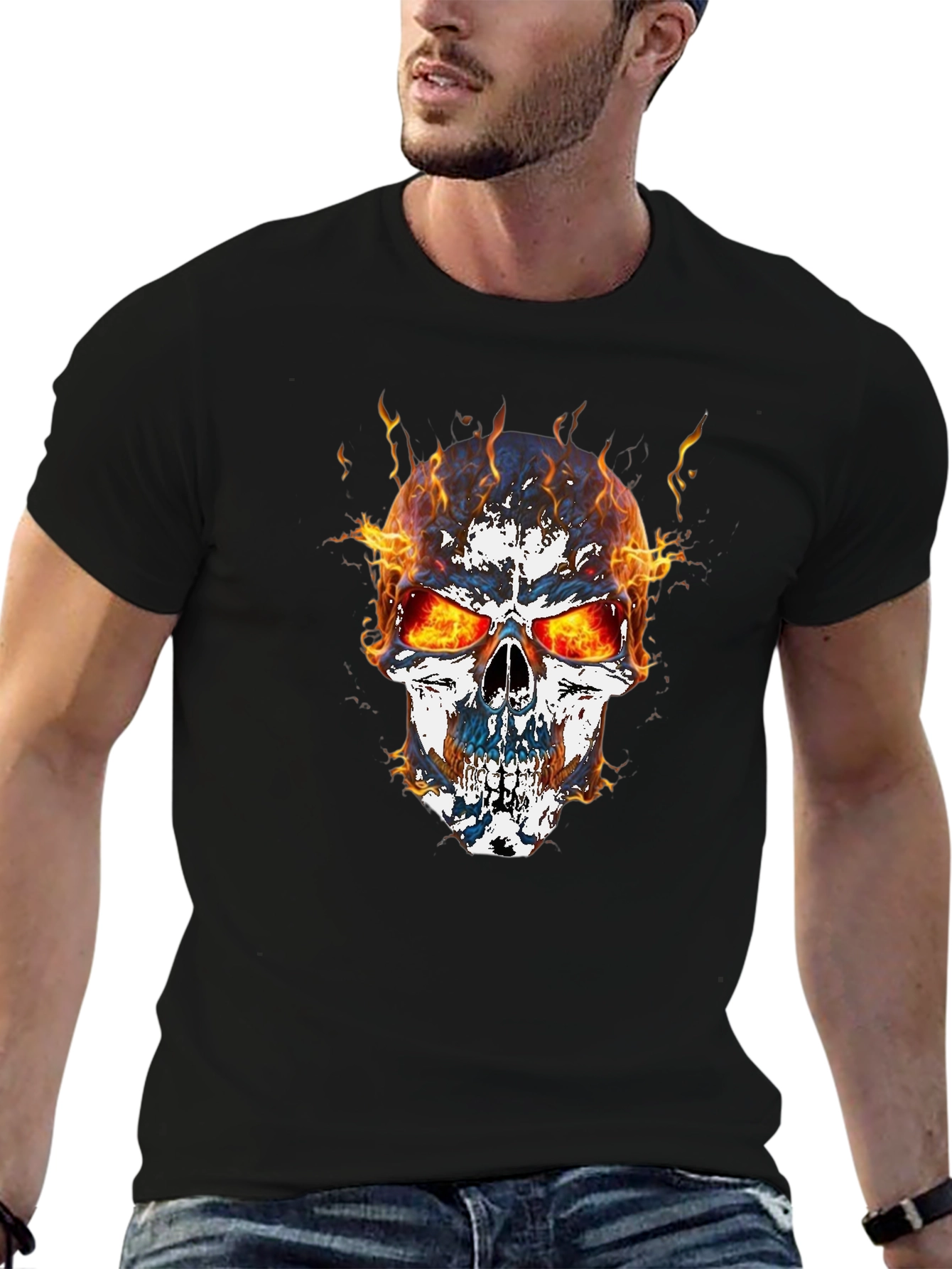 Flaming Skull Graphic T-Shirt - Mens Black Tee