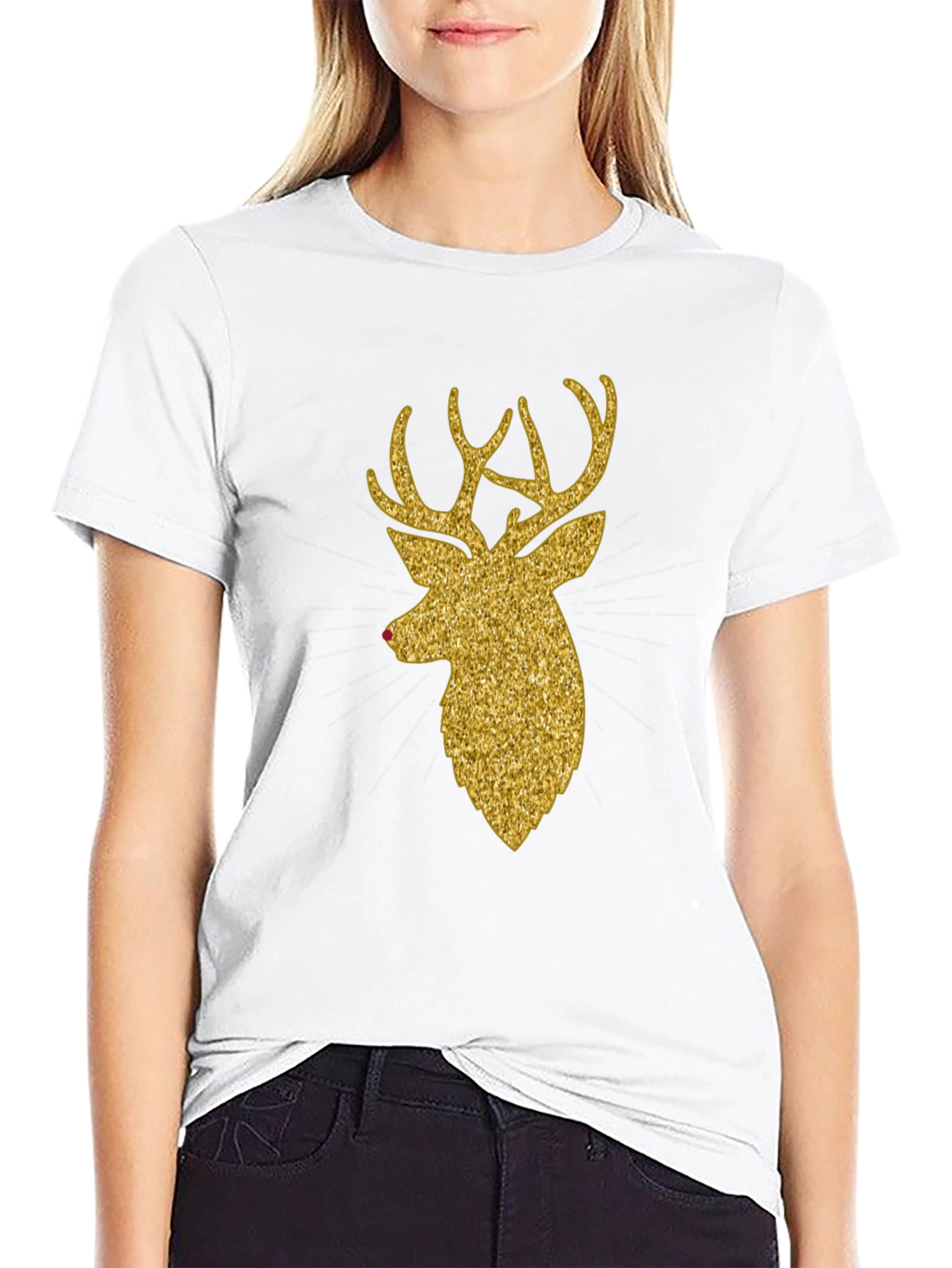 Gold Glitter Reindeer Christmas T-Shirt