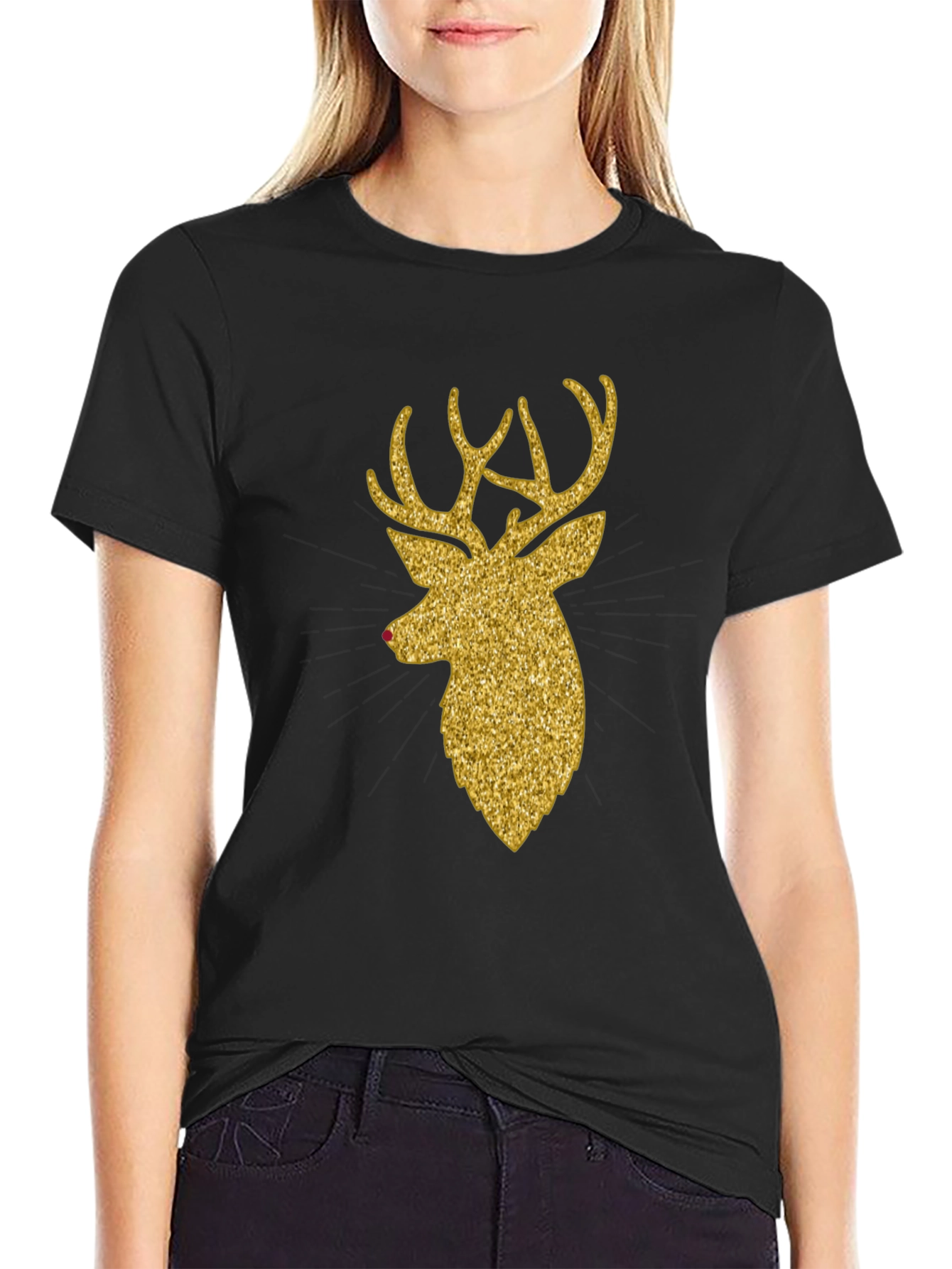 Gold Glitter Reindeer Christmas T-Shirt