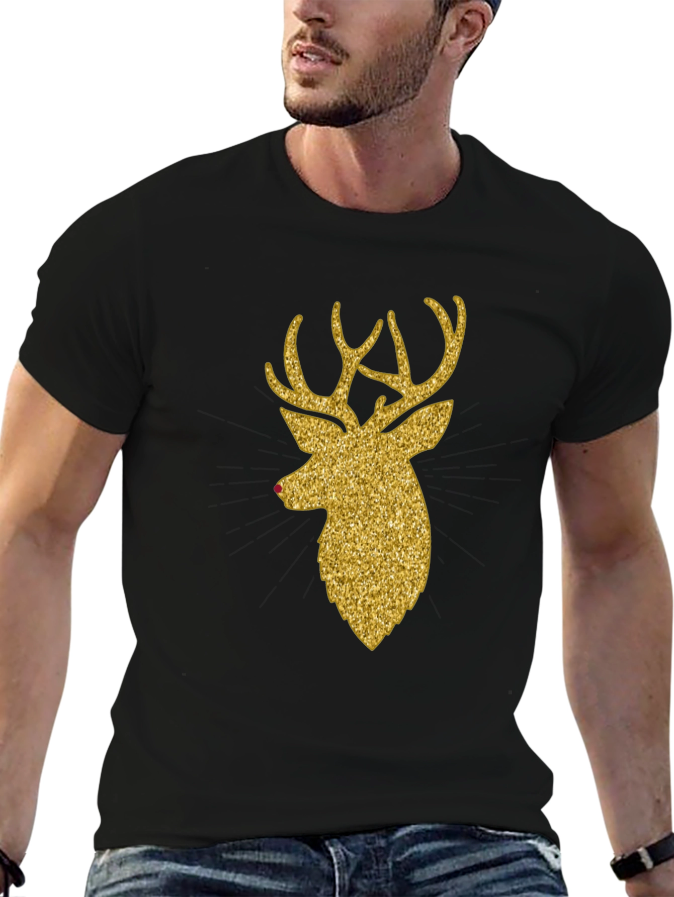 Gold Glitter Reindeer Christmas T-Shirt